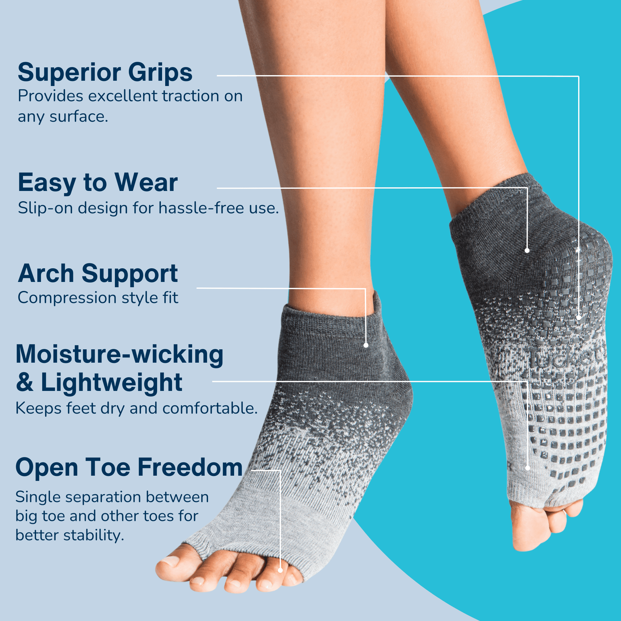 Tucketts Anklet Pilates Socks - Non-Slip Grip, Open Toe, Barre & Yoga - Women's