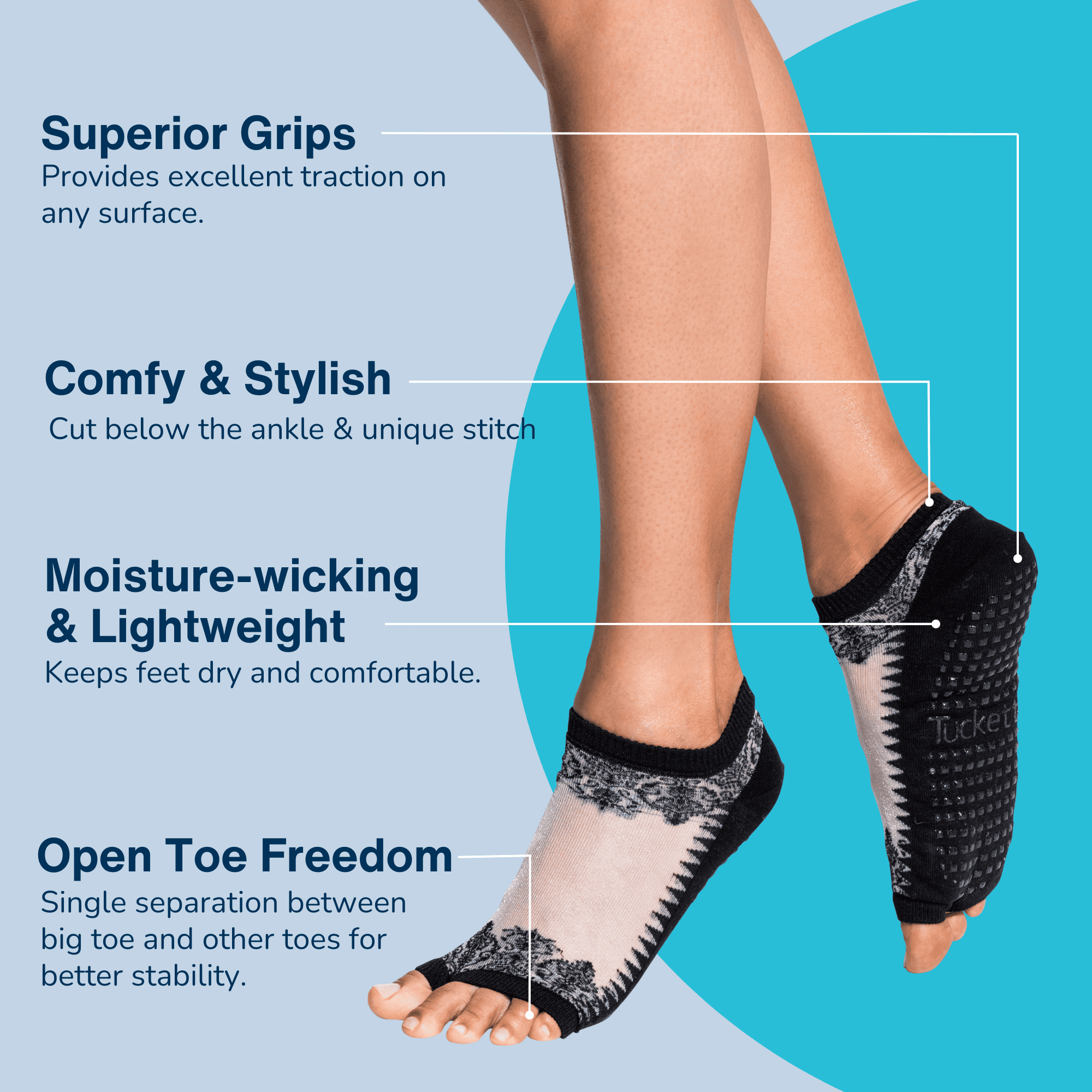 Tucketts Flow Pilates Socks - Non-Slip Grip, Open Toe, Barre & Yoga - Women's