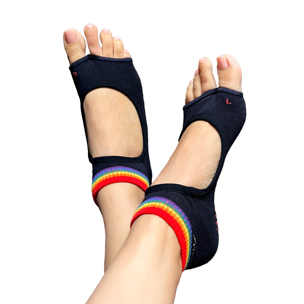 Tucketts Allegro Rainbow Navy Pilates Socks - Non-Slip Grip, Open Toe, Barre & Yoga - Women's