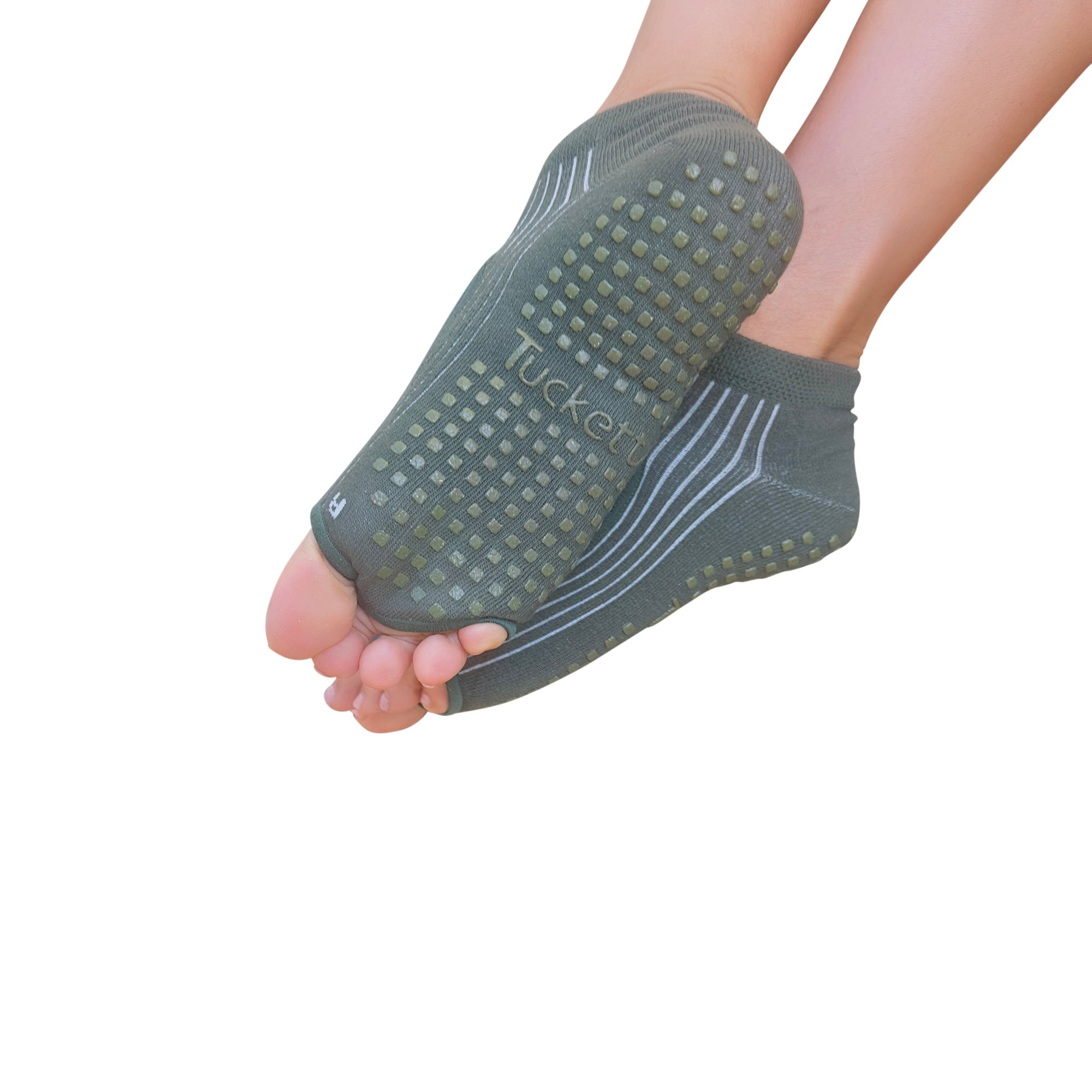 Tucketts Allegro - Olive Harmony Pilates Socks - Non-Slip Grip, Open Toe, Barre & Yoga