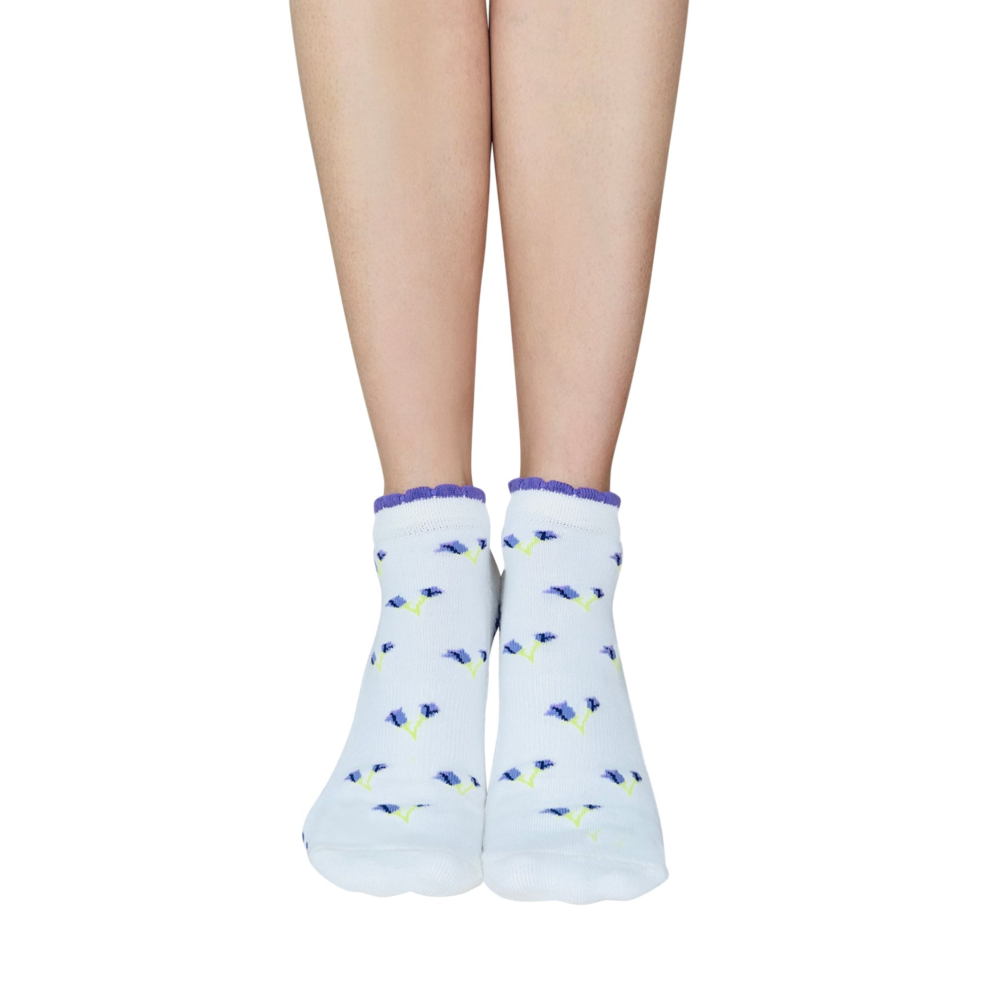 Tucketts Closed Toe Ruffle - Violet Tulip on White - Pilates Socks - Non-Slip Grip Women's, Barre & Yoga -