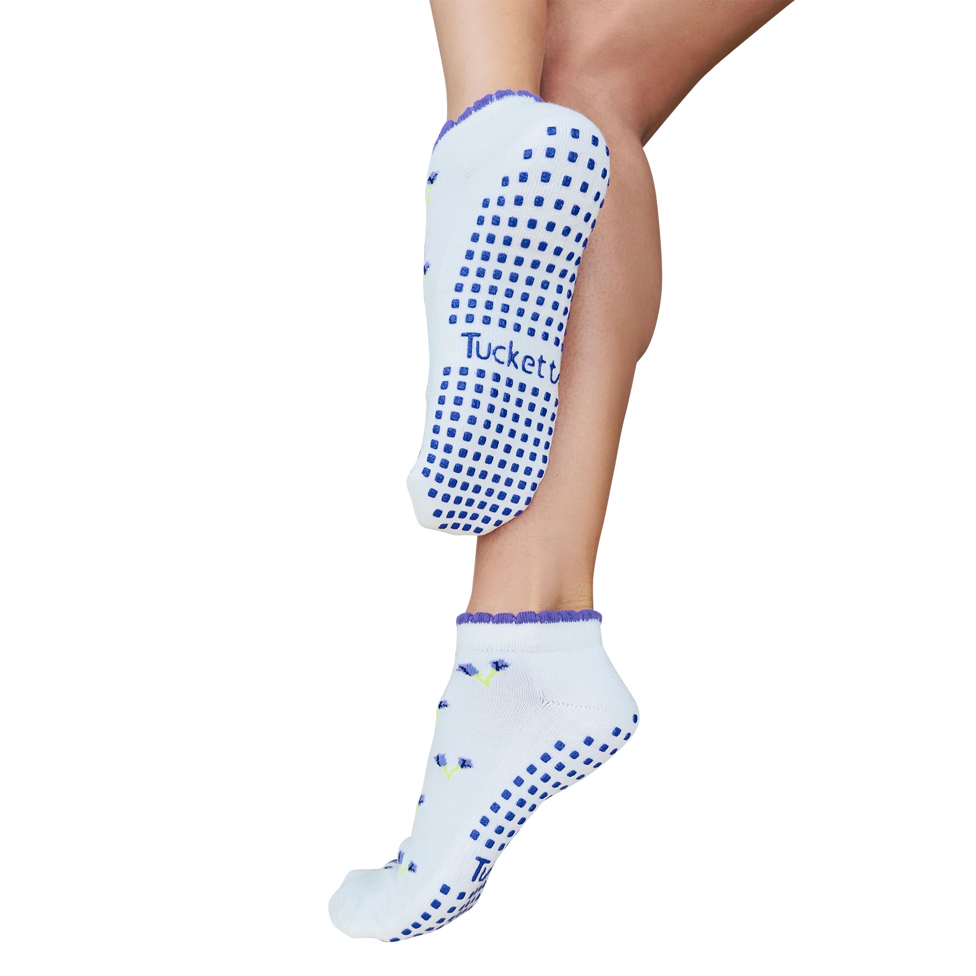 Tucketts Closed Toe Ruffle - Violet Tulip on White - Pilates Socks - Non-Slip Grip Women's, Barre & Yoga -