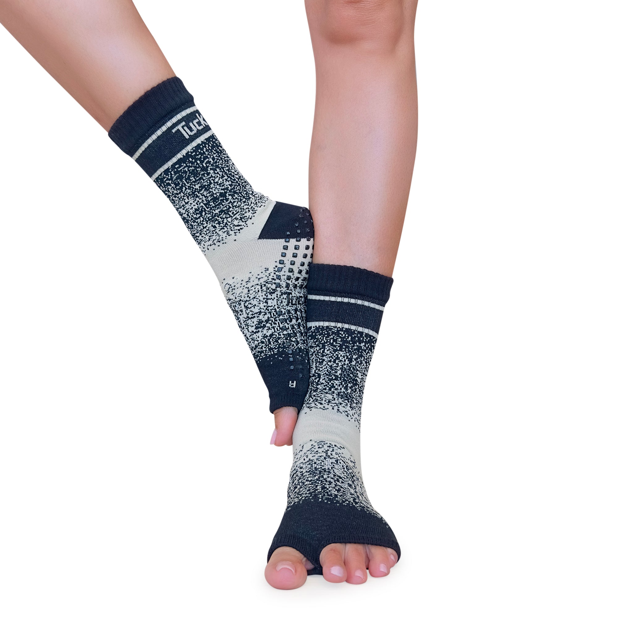 Tucketts Crew Toeless - Taupe Center Pilates Socks - Non-Slip Grip, Open Toe, Barre & Yoga