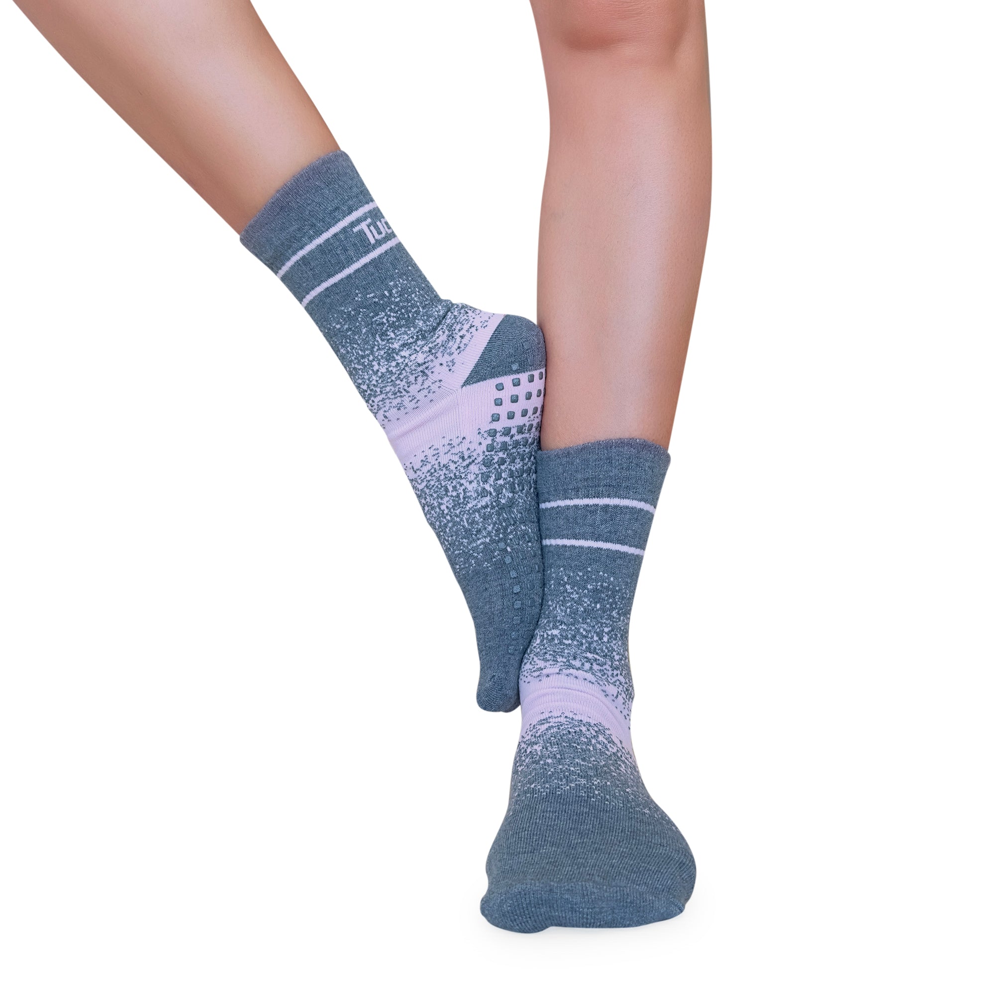Tucketts Crew Closed Toe – Grey/Blush Equilibrium Pilates Socks - Non-Slip Grip, Closed Toe, Barre & Yoga