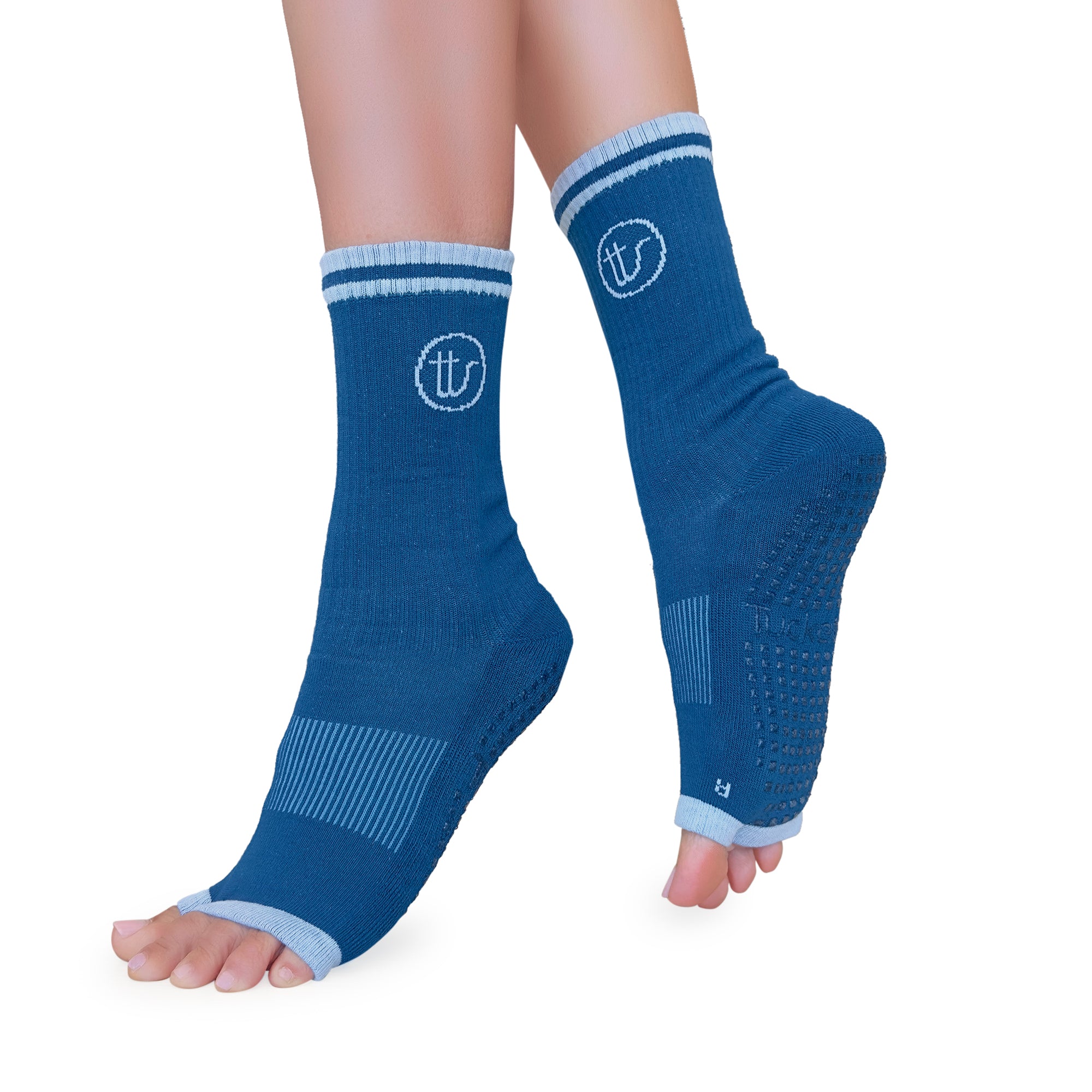 Tucketts Crew Toeless - Blue Riverstone Pilates Socks - Non-Slip Grip, Open Toe, Barre & Yoga