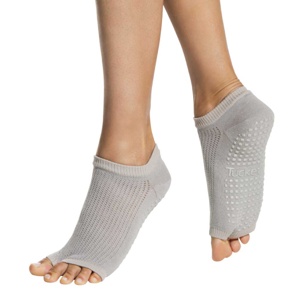 Tucketts Flow Warrior Grey Pilates Socks - Non-Slip Grip, Open Toe, Barre & Yoga - Women's