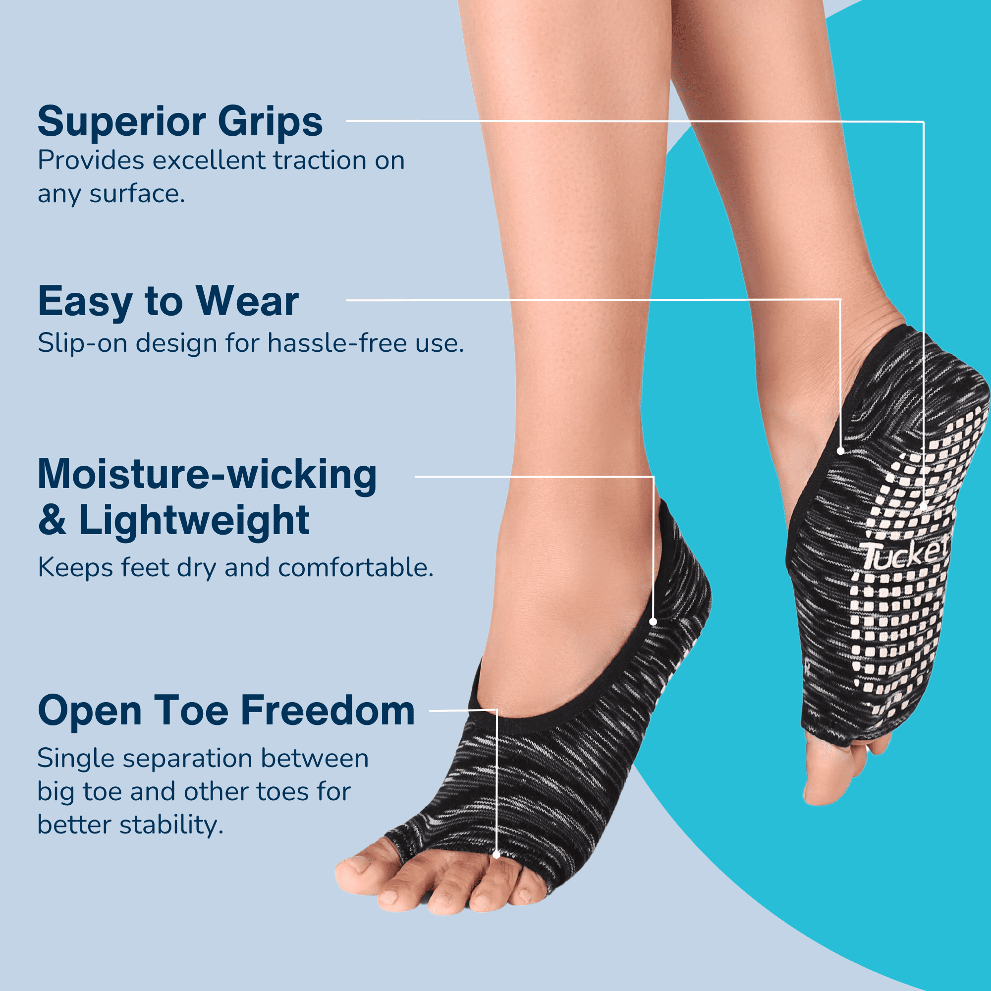 Tucketts Ballerina Pilates Socks - Non-Slip Grip, Open Toe, Barre & Yoga - Women's