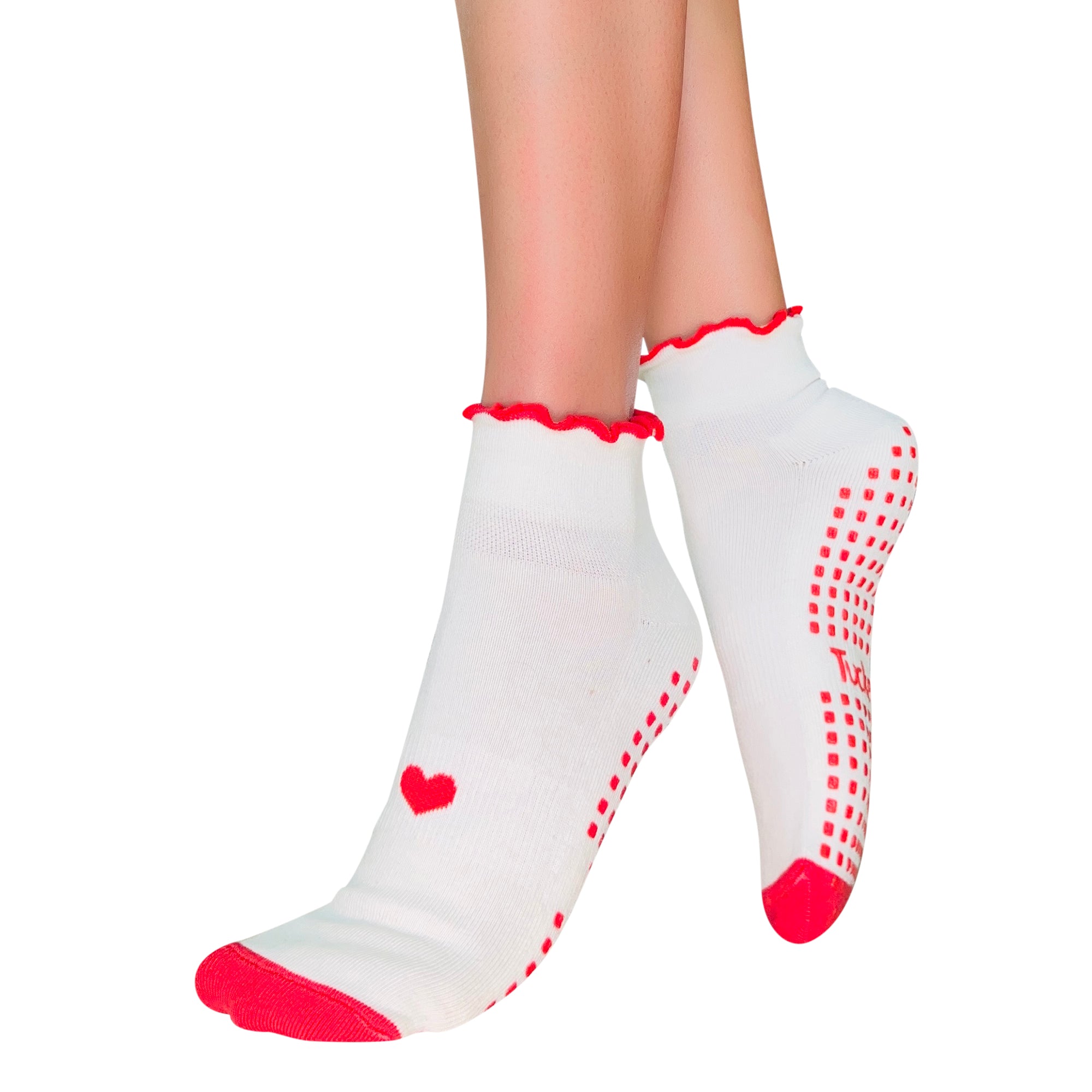 Tucketts Tab Closed White + Red Heart Ruffle Pilates Socks - Non-Slip Grip, Closed Toe, Barre & Yoga - Women's