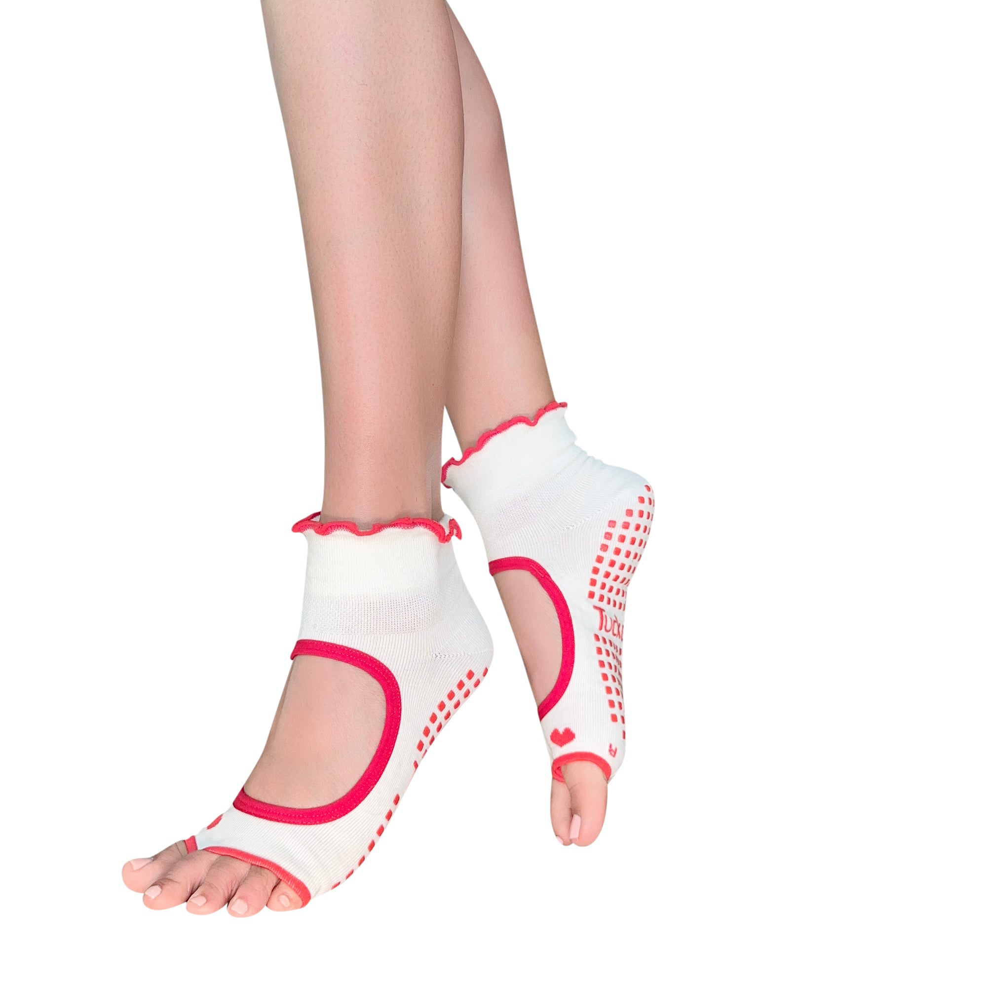 Tucketts Allegro White + Red Heart Ruffle Pilates Socks - Non-Slip Grip, Open Toe, Barre & Yoga - Women's