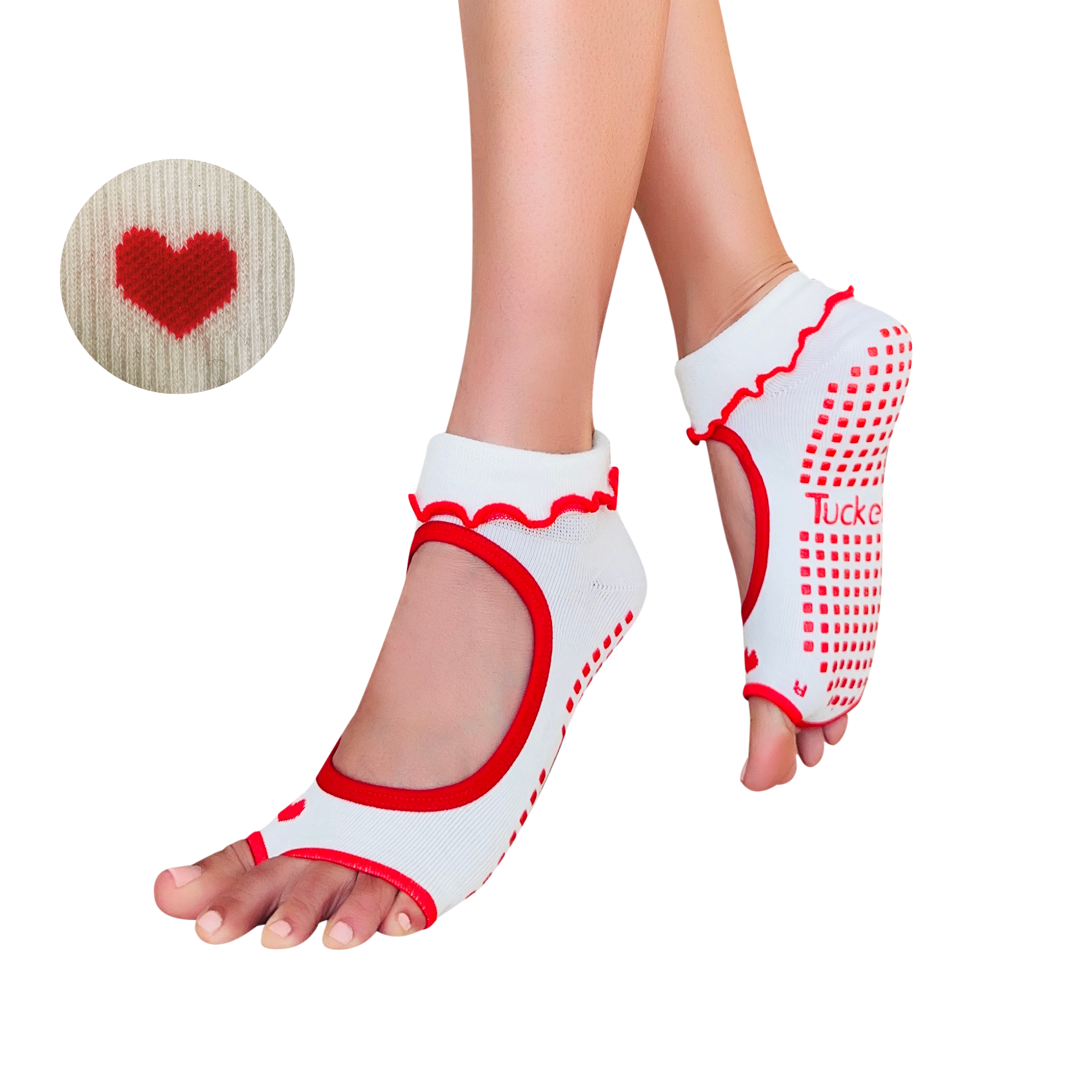 Tucketts Allegro White + Red Heart Ruffle Pilates Socks - Non-Slip Grip, Open Toe, Barre & Yoga - Women's