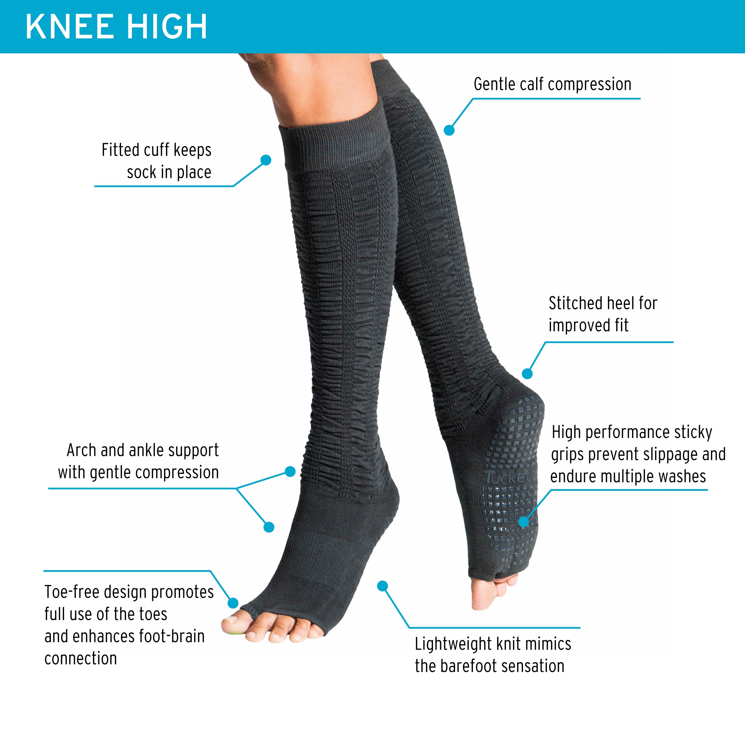 Tucketts Knee High Sparkling Rouge Pilates Socks - Non-Slip Grip, Open Toe, Barre & Yoga - Women's
