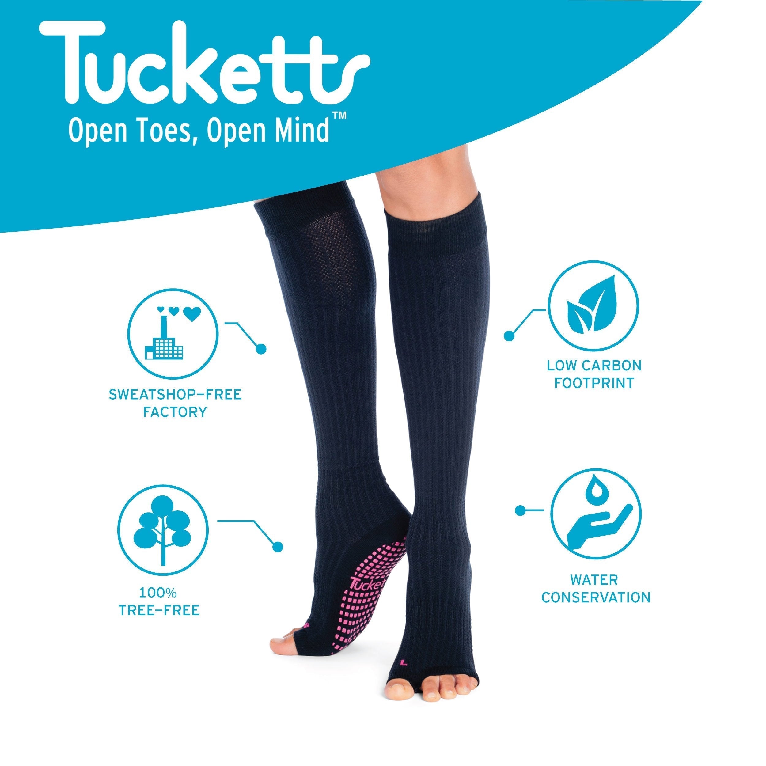 Tucketts Knee High Sparkling Rouge Pilates Socks - Non-Slip Grip, Open Toe, Barre & Yoga - Women's