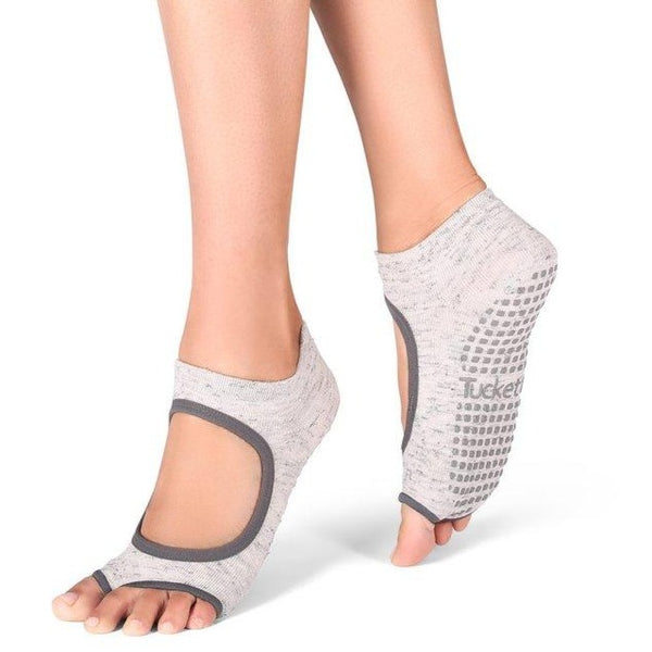 Light grey heathered allegro style sticky socks with dark grey trim and grippers