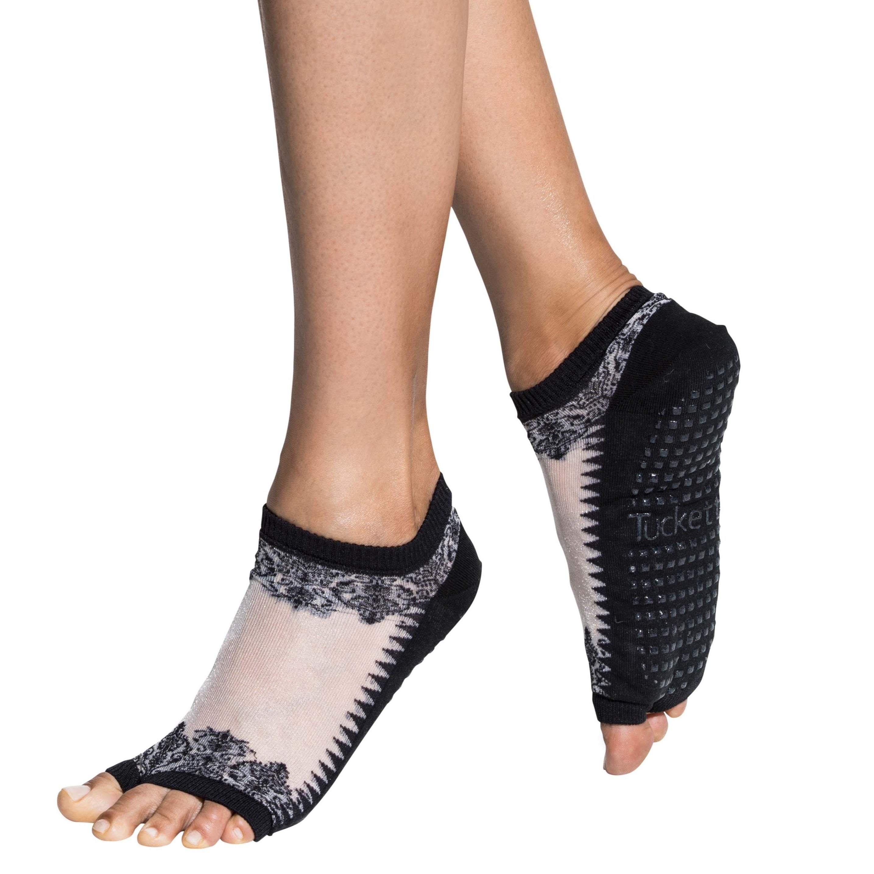 Tucketts Flow Black & Sheer Gala Pilates Socks - Non-Slip Grip, Open Toe, Barre & Yoga - Women's