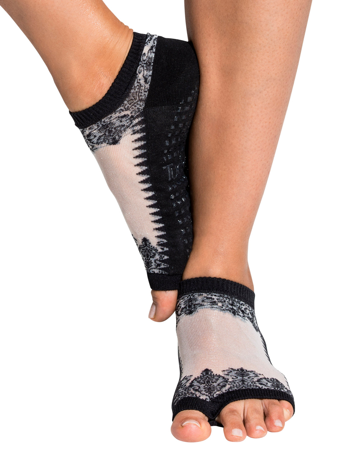 Tucketts Flow Black & Sheer Gala Pilates Socks - Non-Slip Grip, Open Toe, Barre & Yoga - Women's
