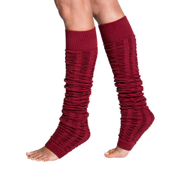 Burgundy colored leg warmers with flattering ruching
