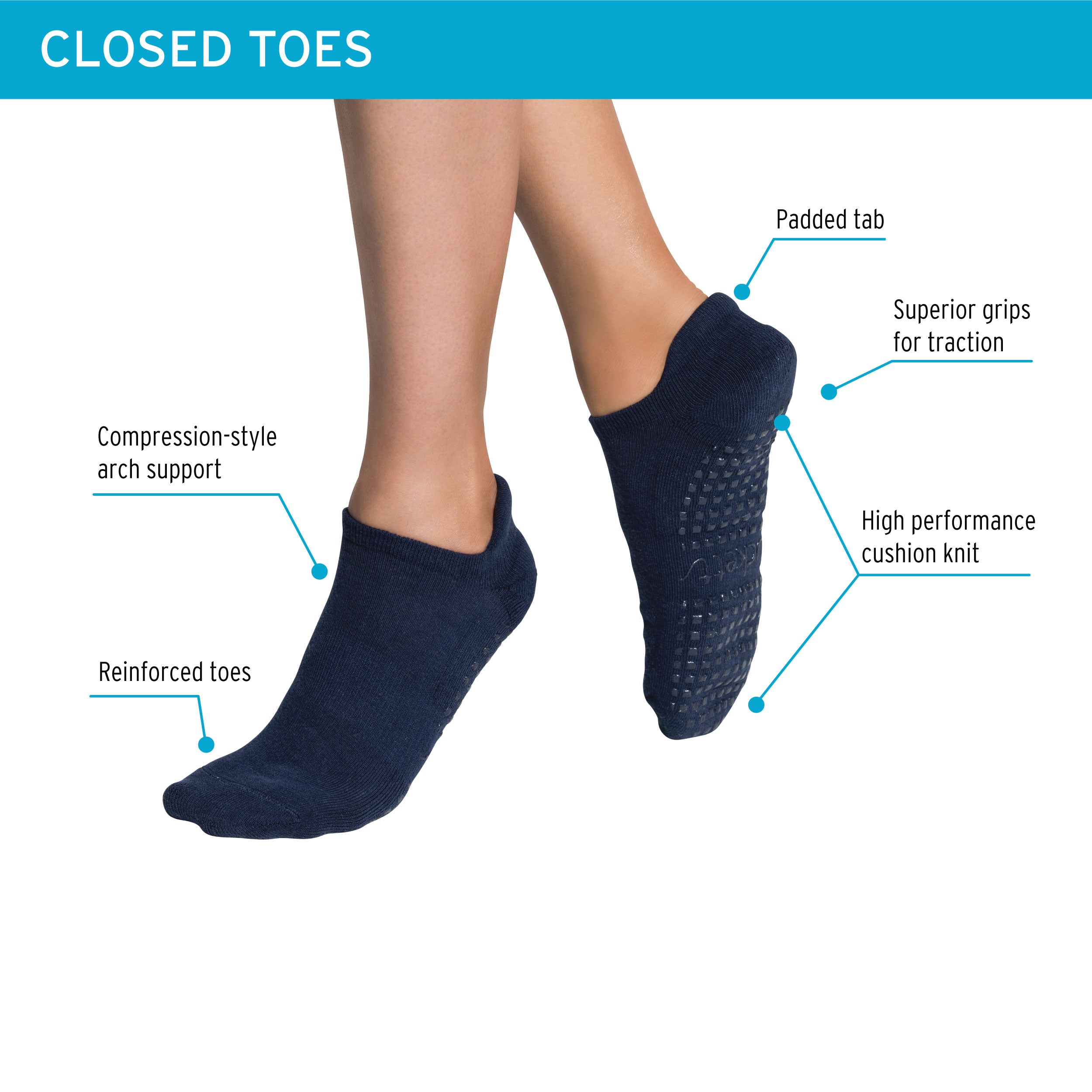 Tucketts Tab Glacial Moraine Pilates Socks - Non-Slip Grip, Closed Toe, Barre & Yoga - Women's