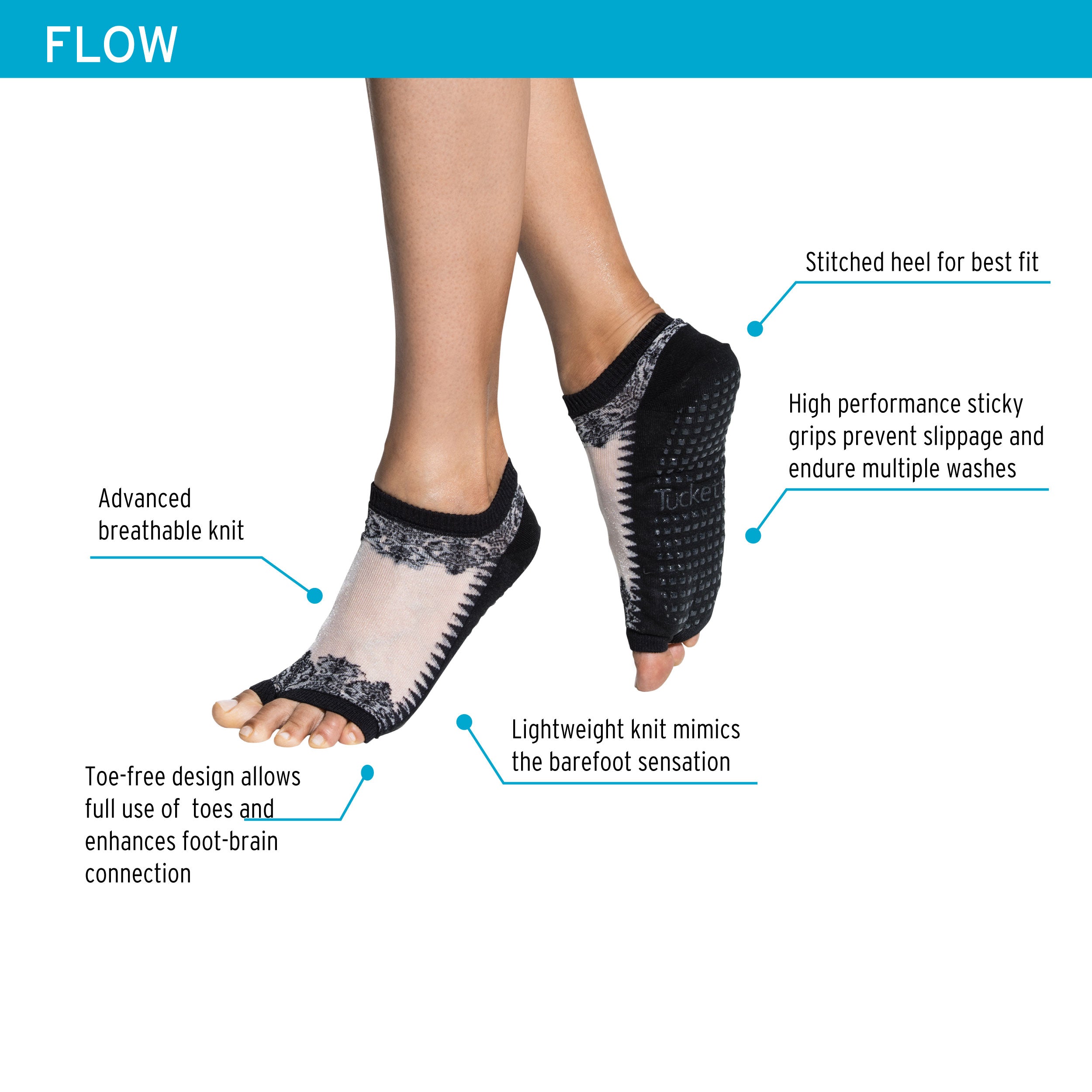 Tucketts Flow Black & Sheer Gala Pilates Socks - Non-Slip Grip, Open Toe, Barre & Yoga - Women's