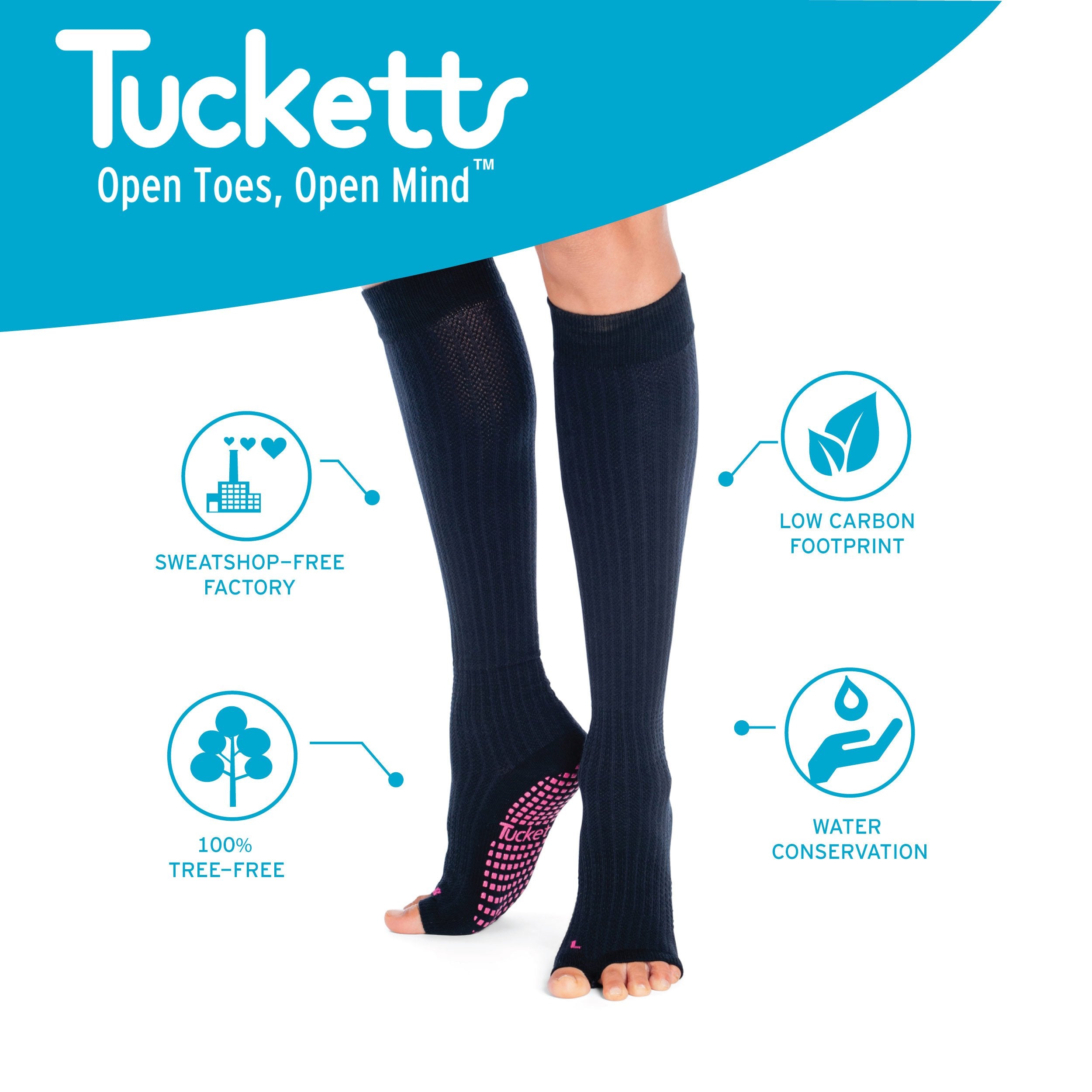 Tucketts Knee High Leopard Pink Stripe Pilates Socks - Non-Slip Grip, Open Toe, Barre & Yoga - Women's