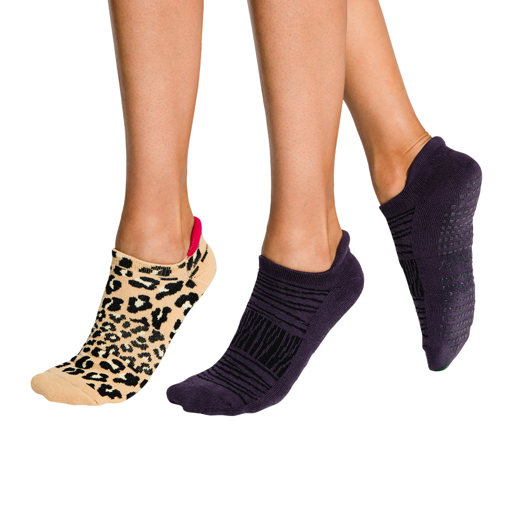 2 PACK - Tab Closed Toe - Leopard Pink Accent + Zebra Rising = Wild Power Pack - Grip Socks