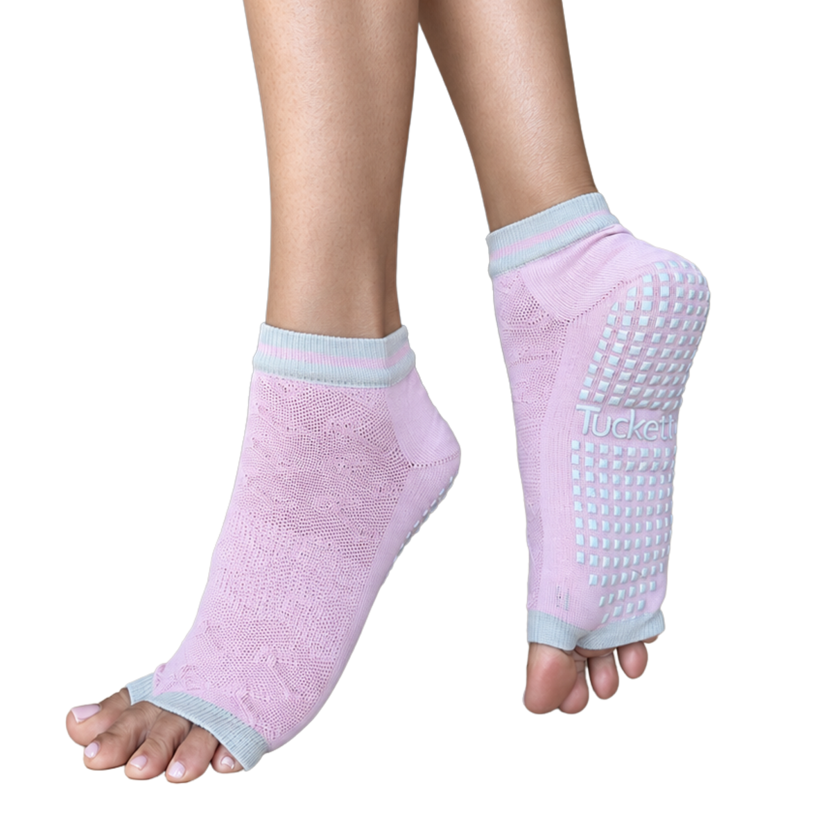 Tucketts Anklet - Pink/Grey Ridge - Pilates Socks - Non-Slip Grip, Open Toe, Barre & Yoga