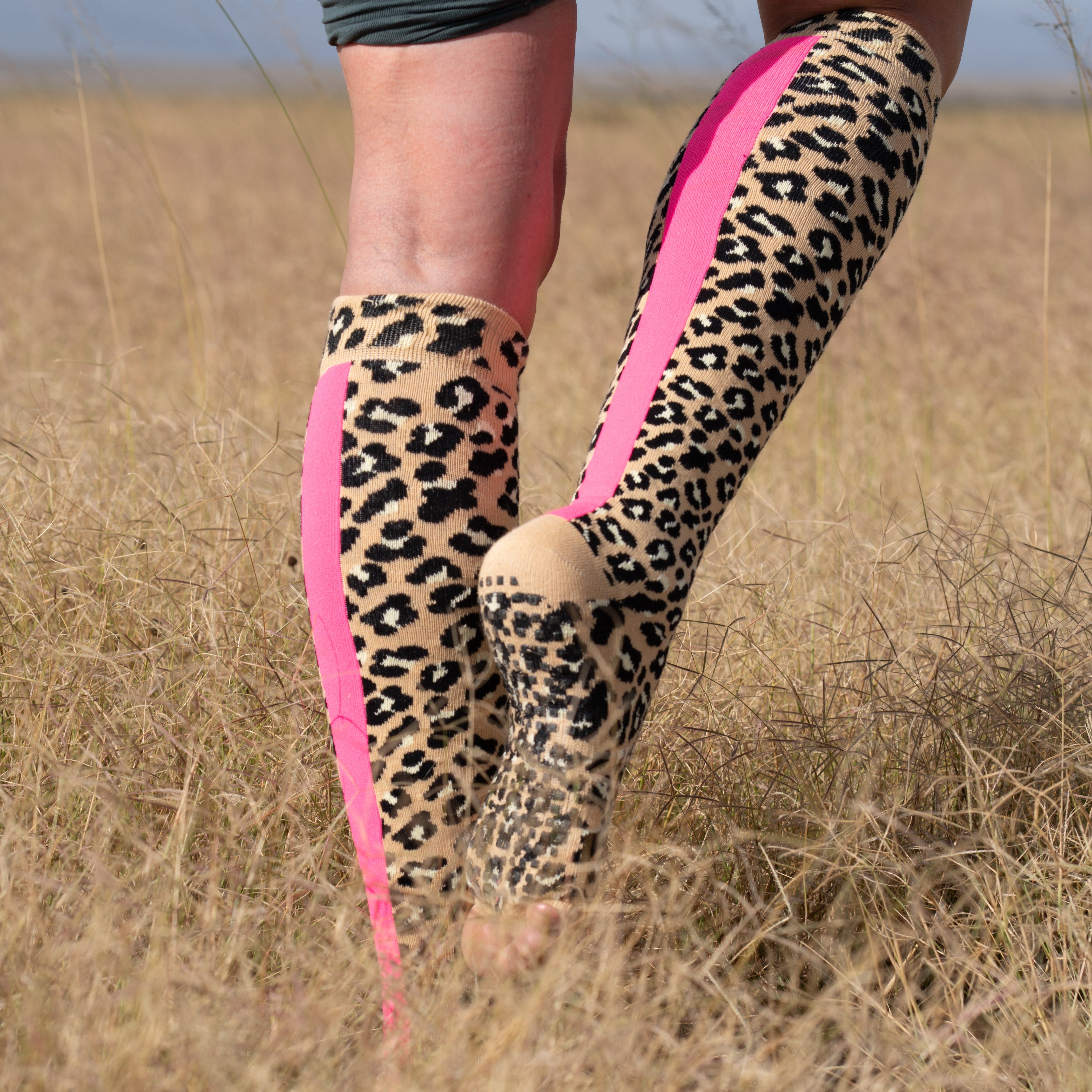 Tucketts Knee High Leopard Pink Stripe Pilates Socks - Non-Slip Grip, Open Toe, Barre & Yoga - Women's