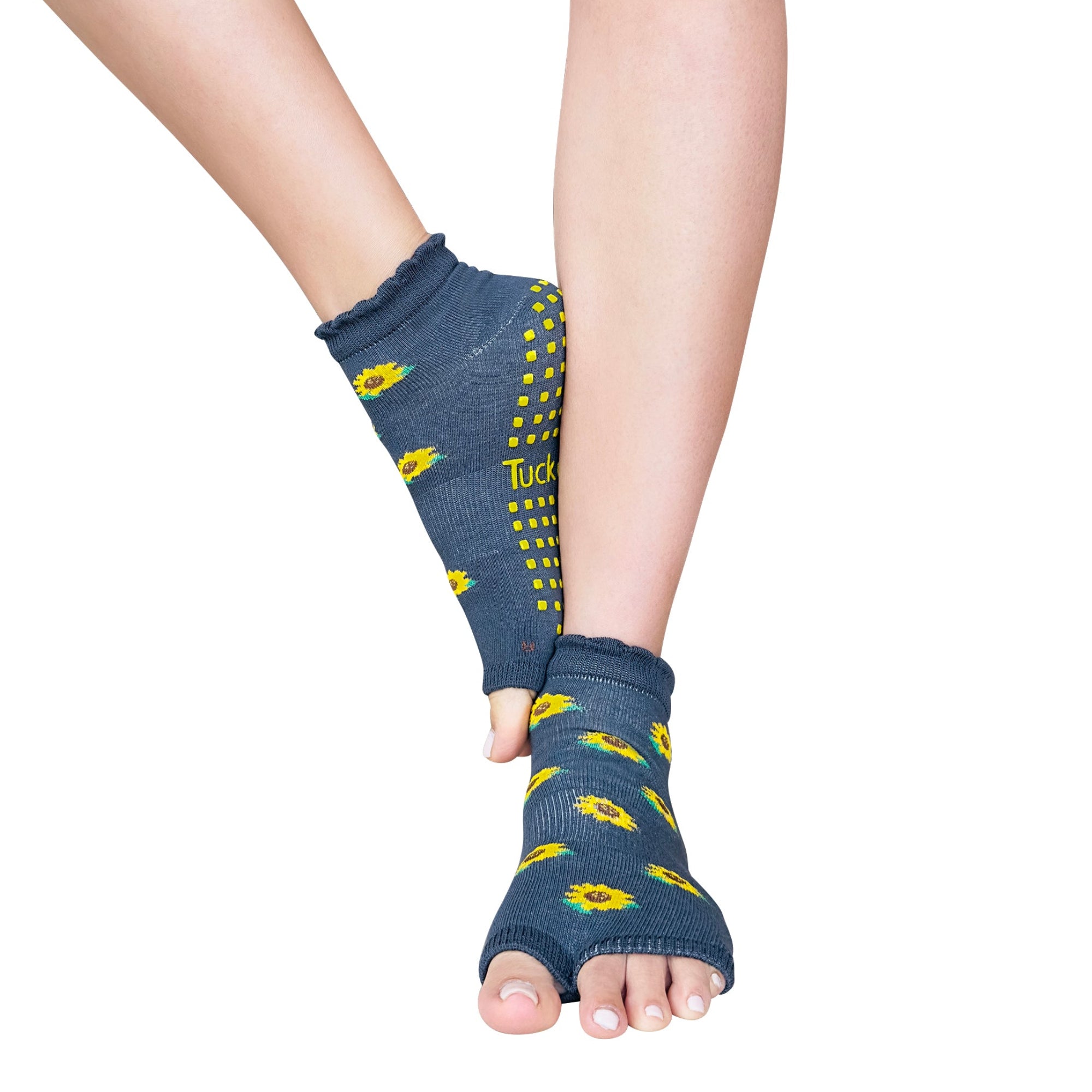 Tucketts Anklet - Sunflower on Grey - Pilates Socks - Non-Slip Grip, Open Toe, Barre & Yoga - Women's