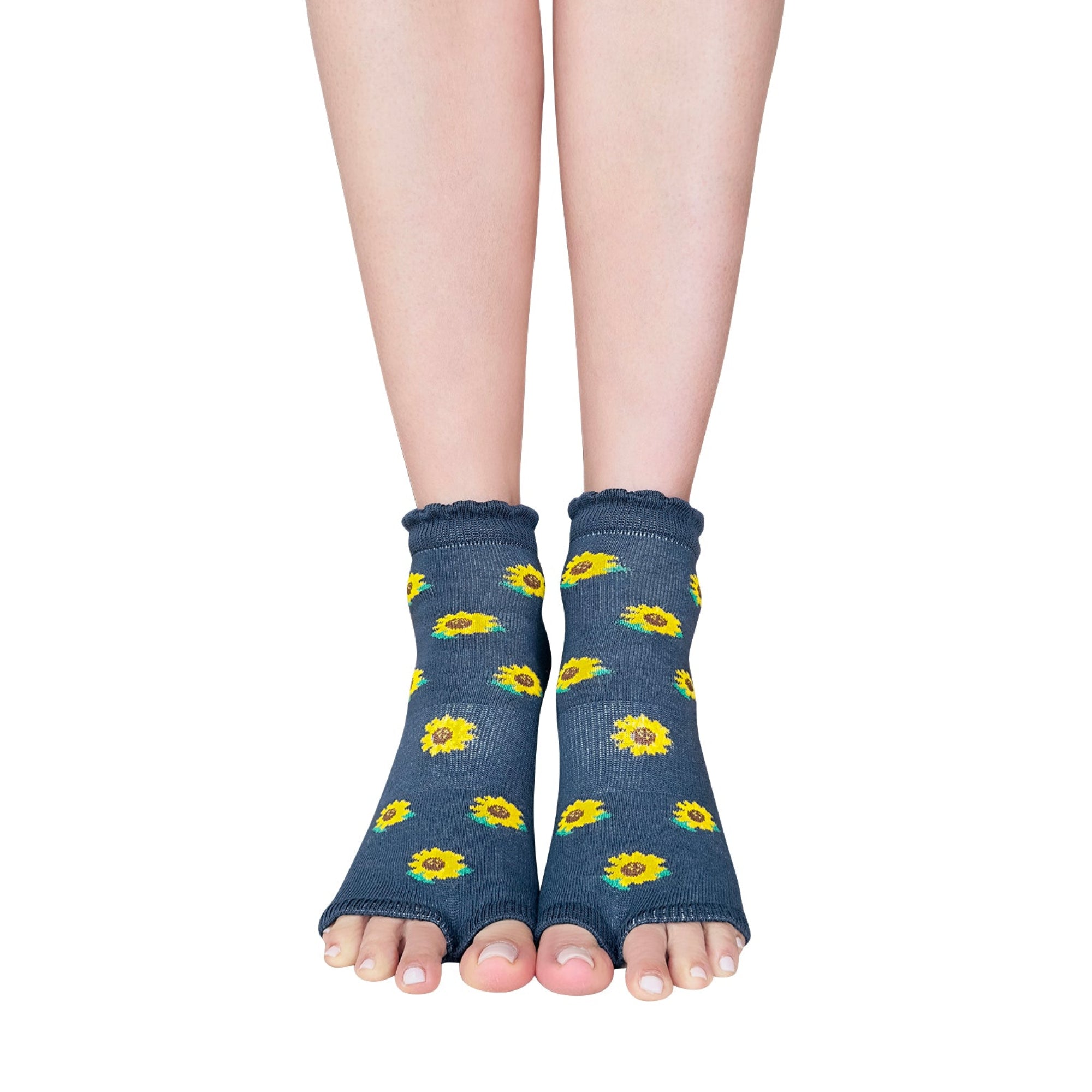 Tucketts Anklet - Sunflower on Grey - Pilates Socks - Non-Slip Grip, Open Toe, Barre & Yoga - Women's