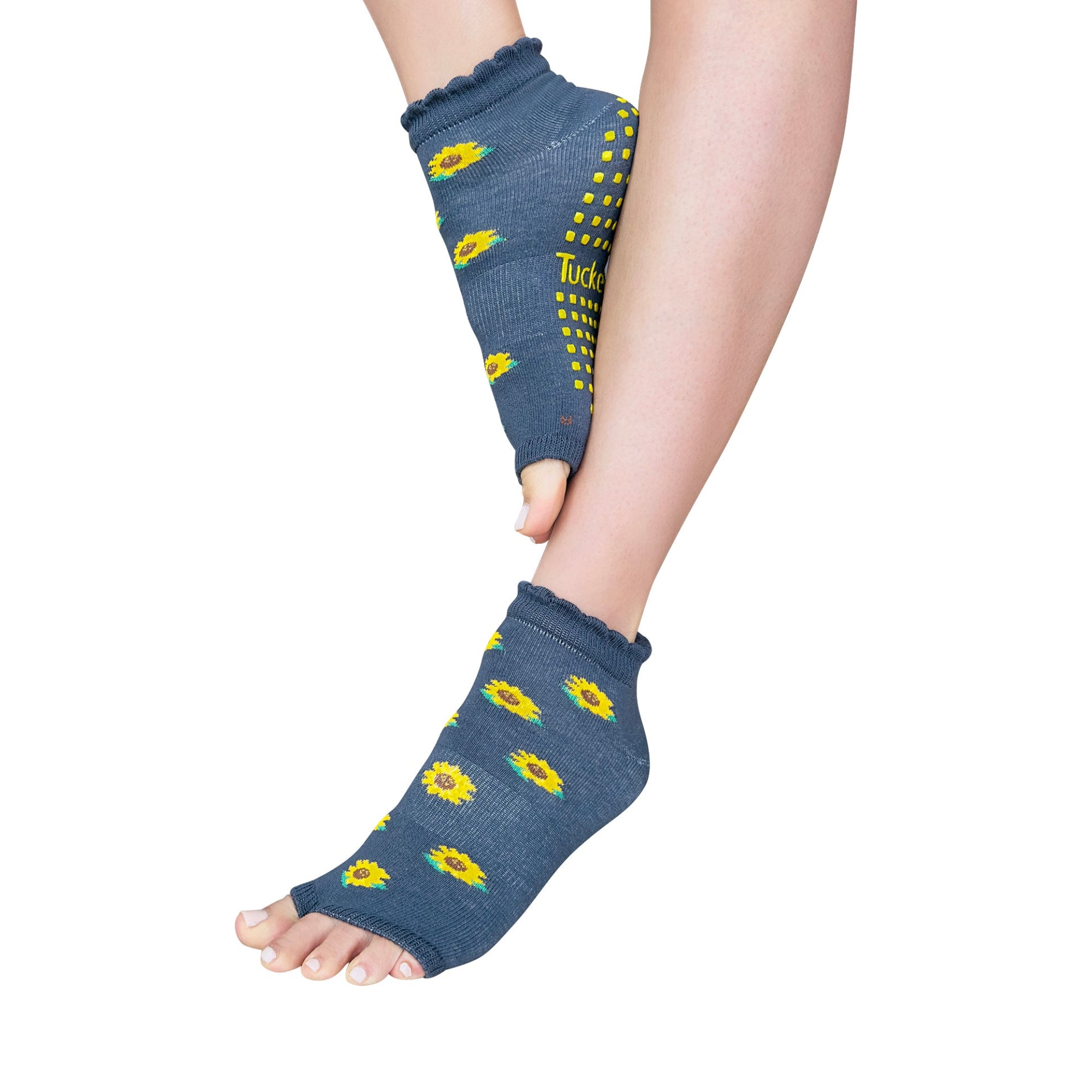 Tucketts Anklet - Sunflower on Grey - Pilates Socks - Non-Slip Grip, Open Toe, Barre & Yoga - Women's