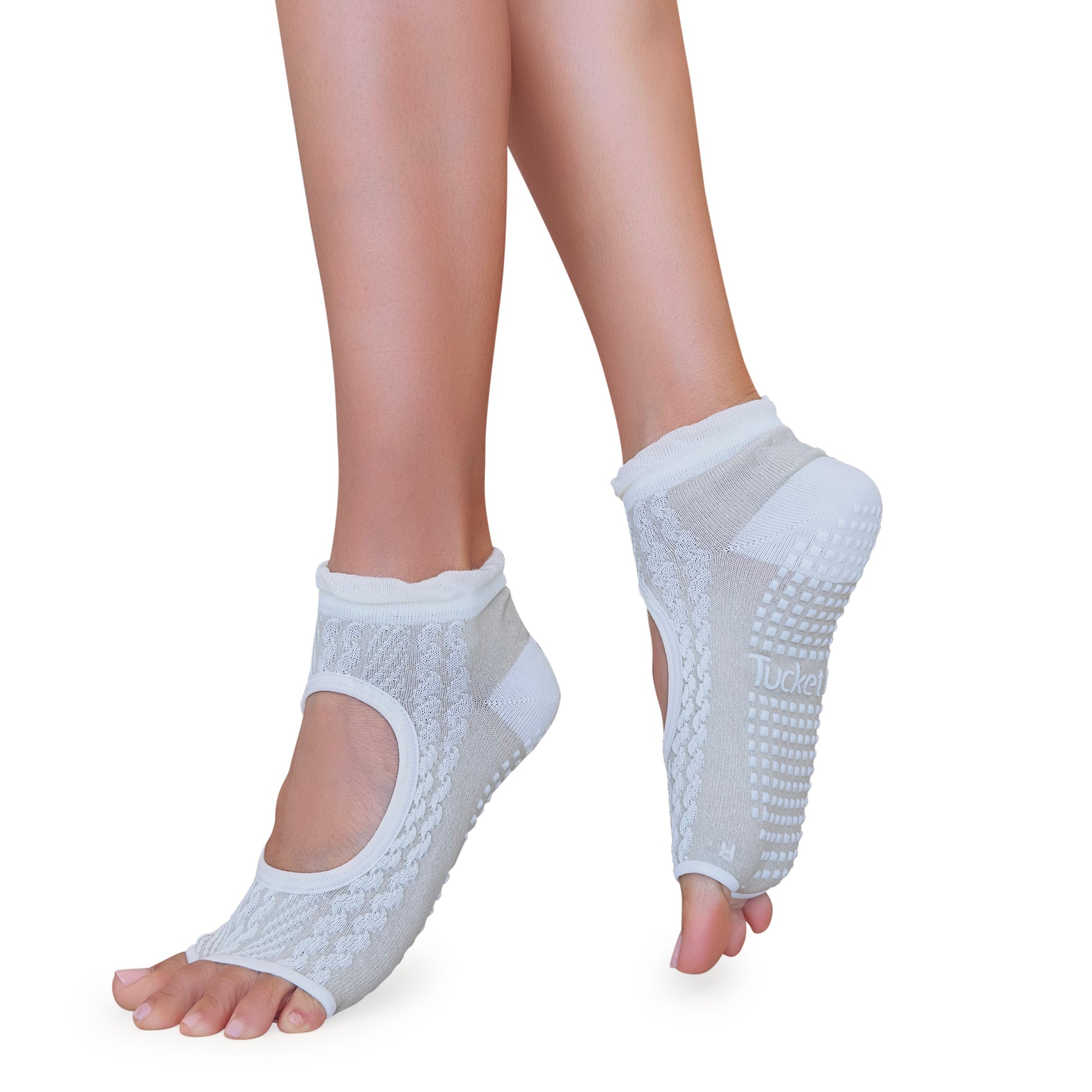 Tucketts Allegro Ivory Raffle Pilates Socks - Non-Slip Grip, Open Toe, Barre & Yoga - Women's
