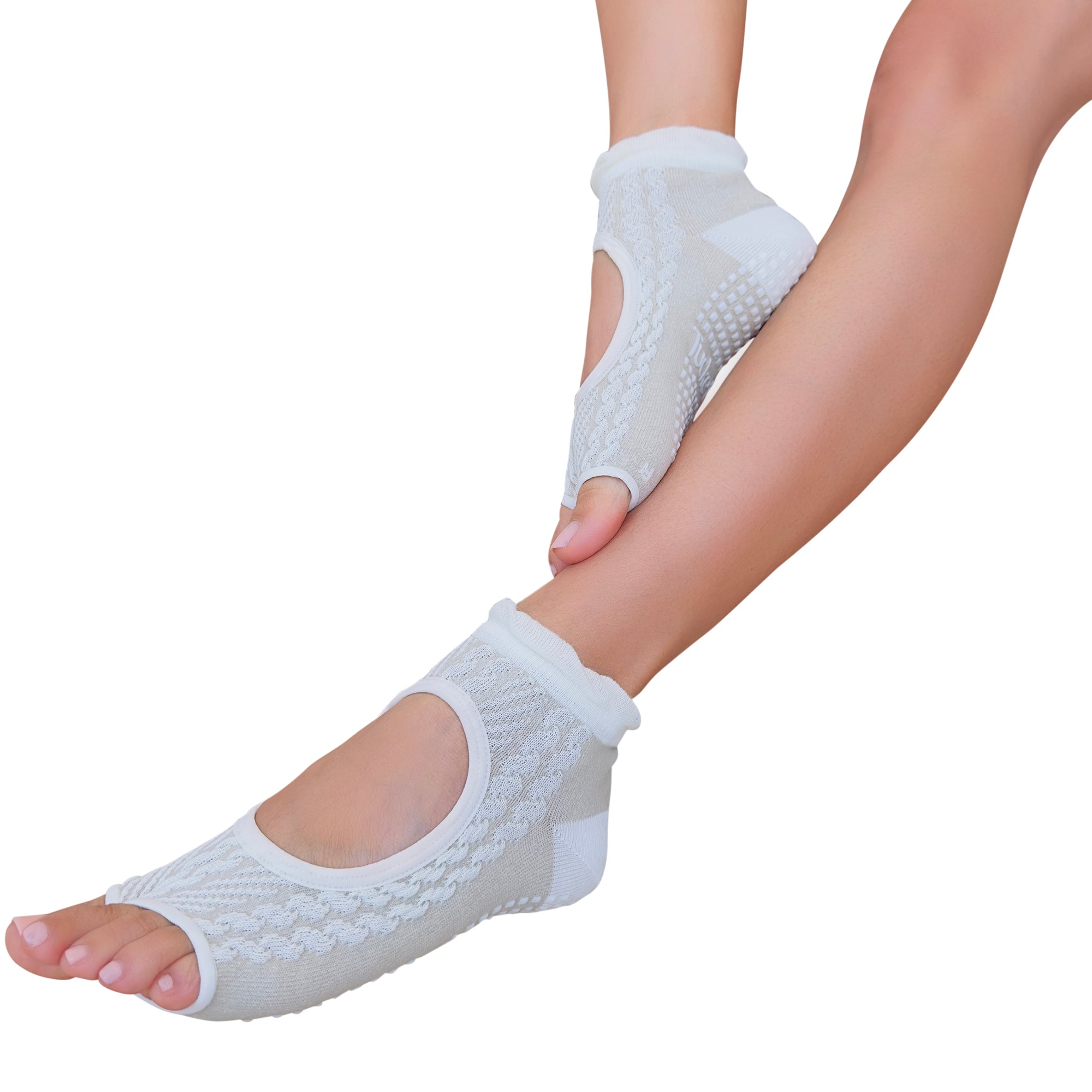 Tucketts Allegro Ivory Raffle Pilates Socks - Non-Slip Grip, Open Toe, Barre & Yoga - Women's