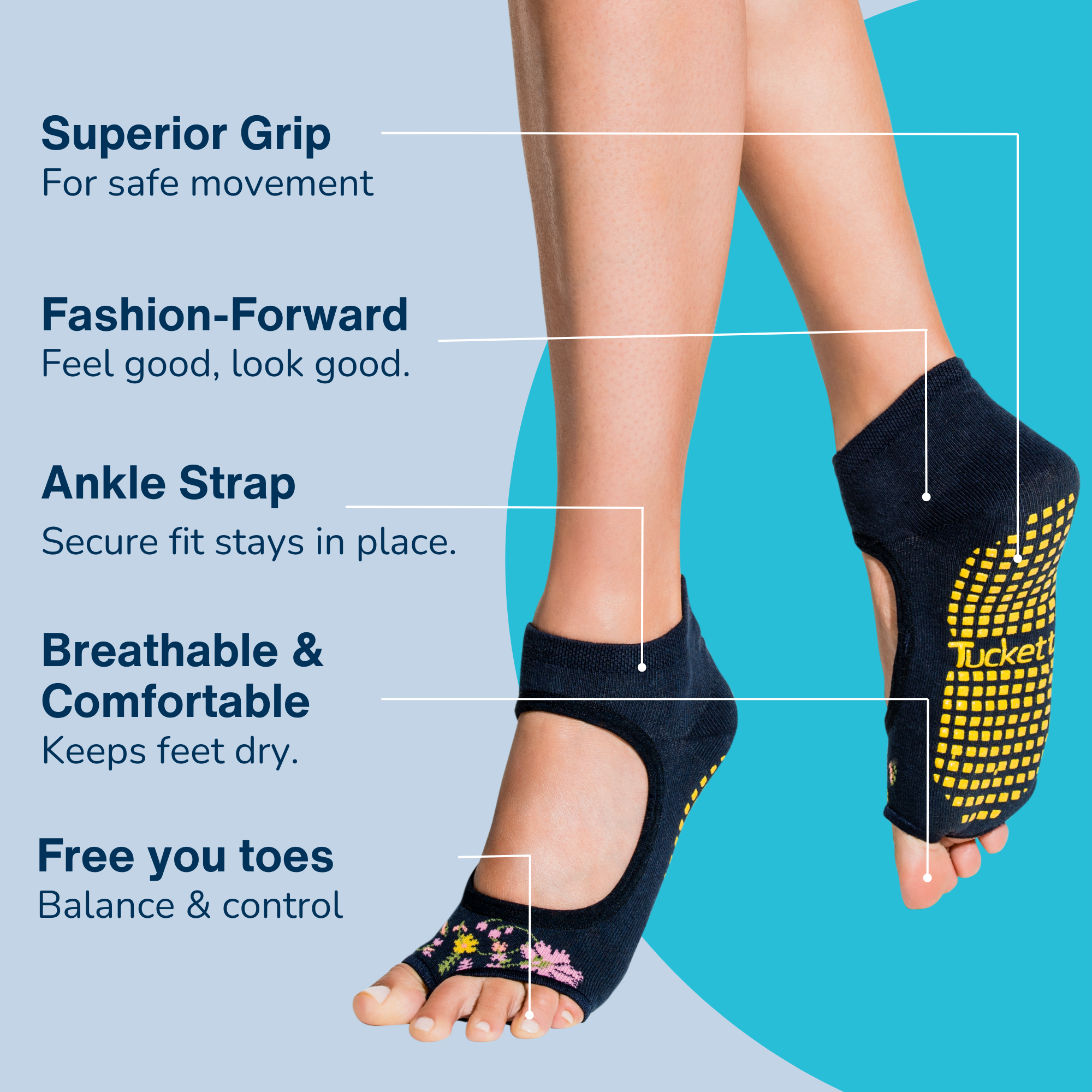 Tucketts Allegro Blue Oasis Pilates Socks - Non-Slip Grip, Open Toe, Barre & Yoga - Women's