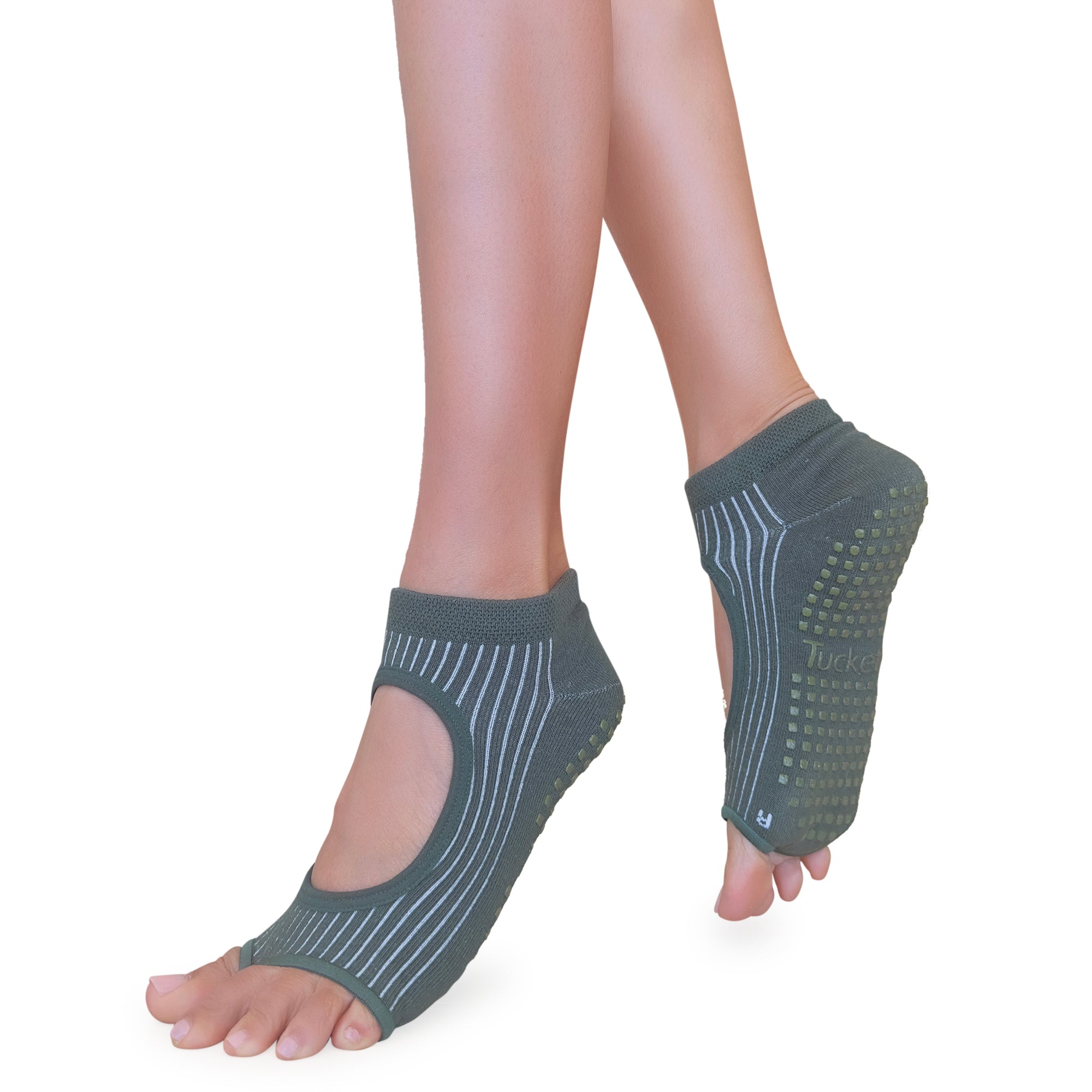 Green Olive yoga socks with non-slip texture on a white background