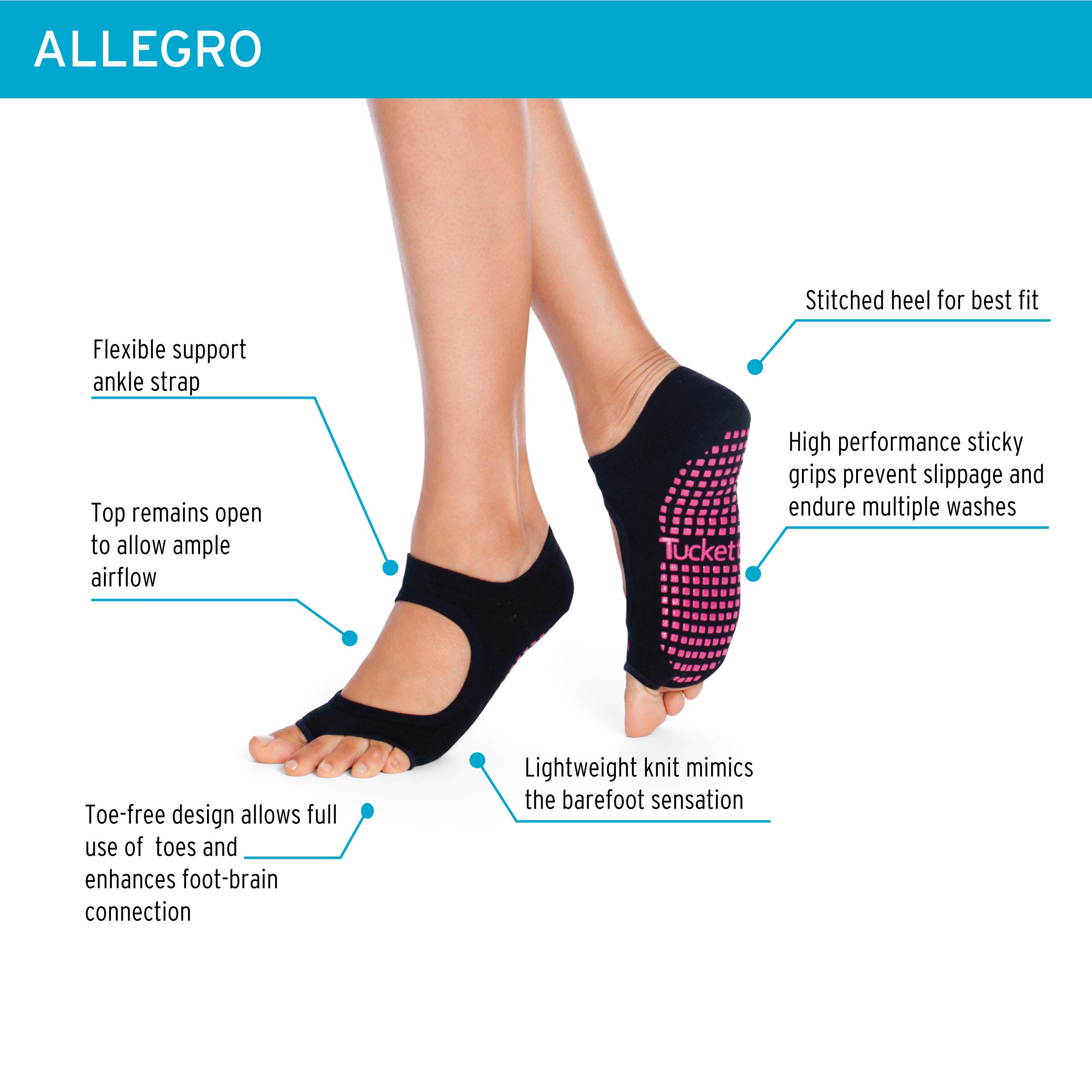 Tucketts Allegro Sparkling Rouge Pilates Socks - Non-Slip Grip, Open Toe, Barre & Yoga - Women's