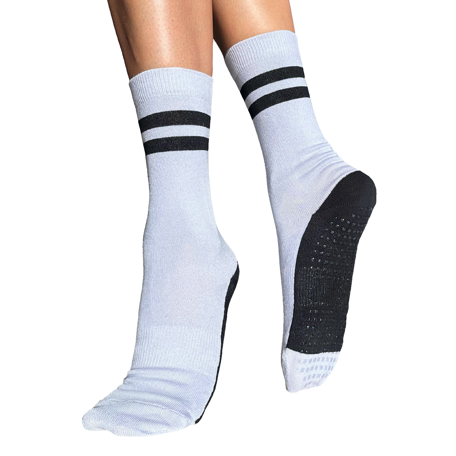 Tucketts Crew Stripe Black Lilac Pilates Socks - Non-Slip Grip, Closed Toe, Barre & Yoga - Women's