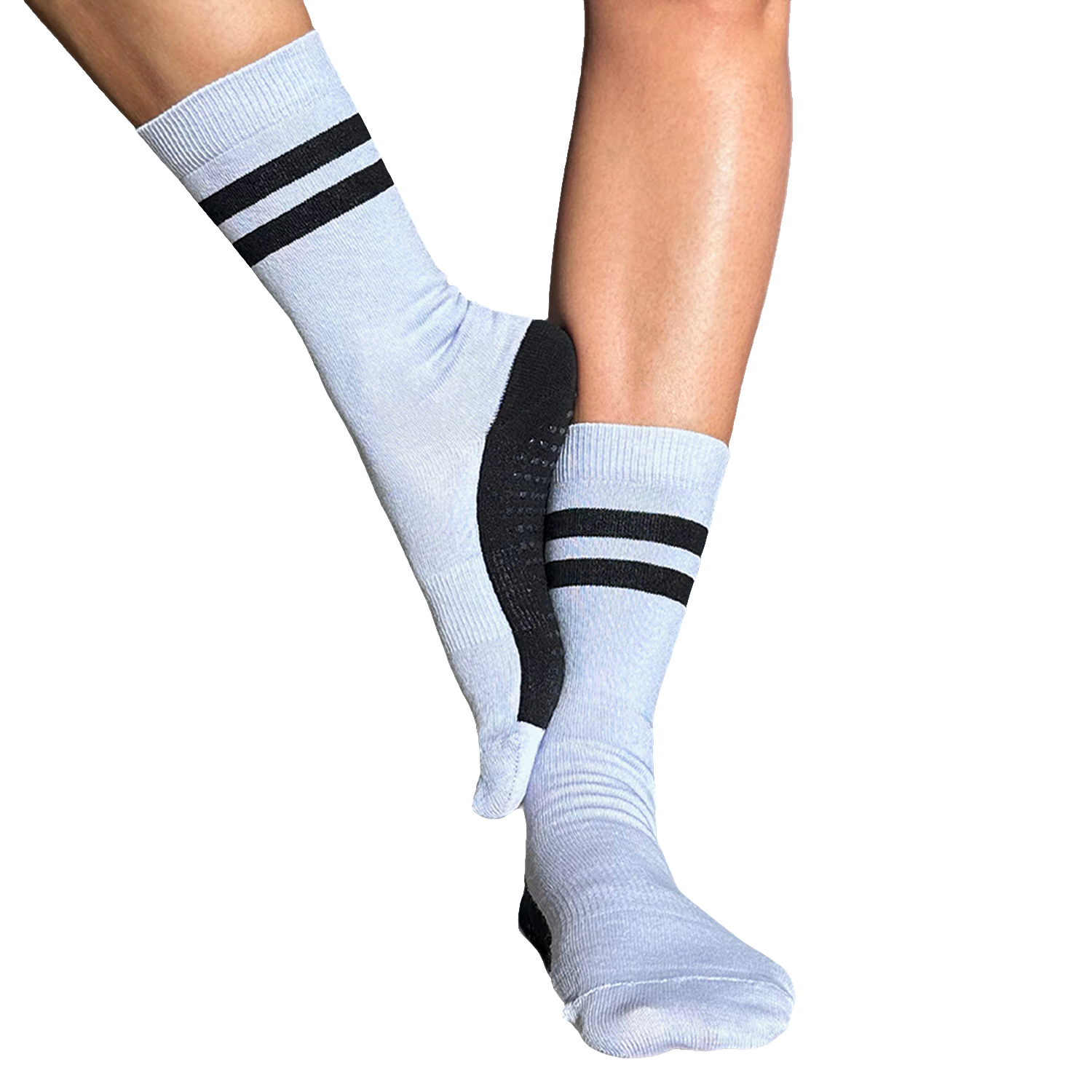 Tucketts Crew Stripe Black Lilac Pilates Socks - Non-Slip Grip, Closed Toe, Barre & Yoga - Women's