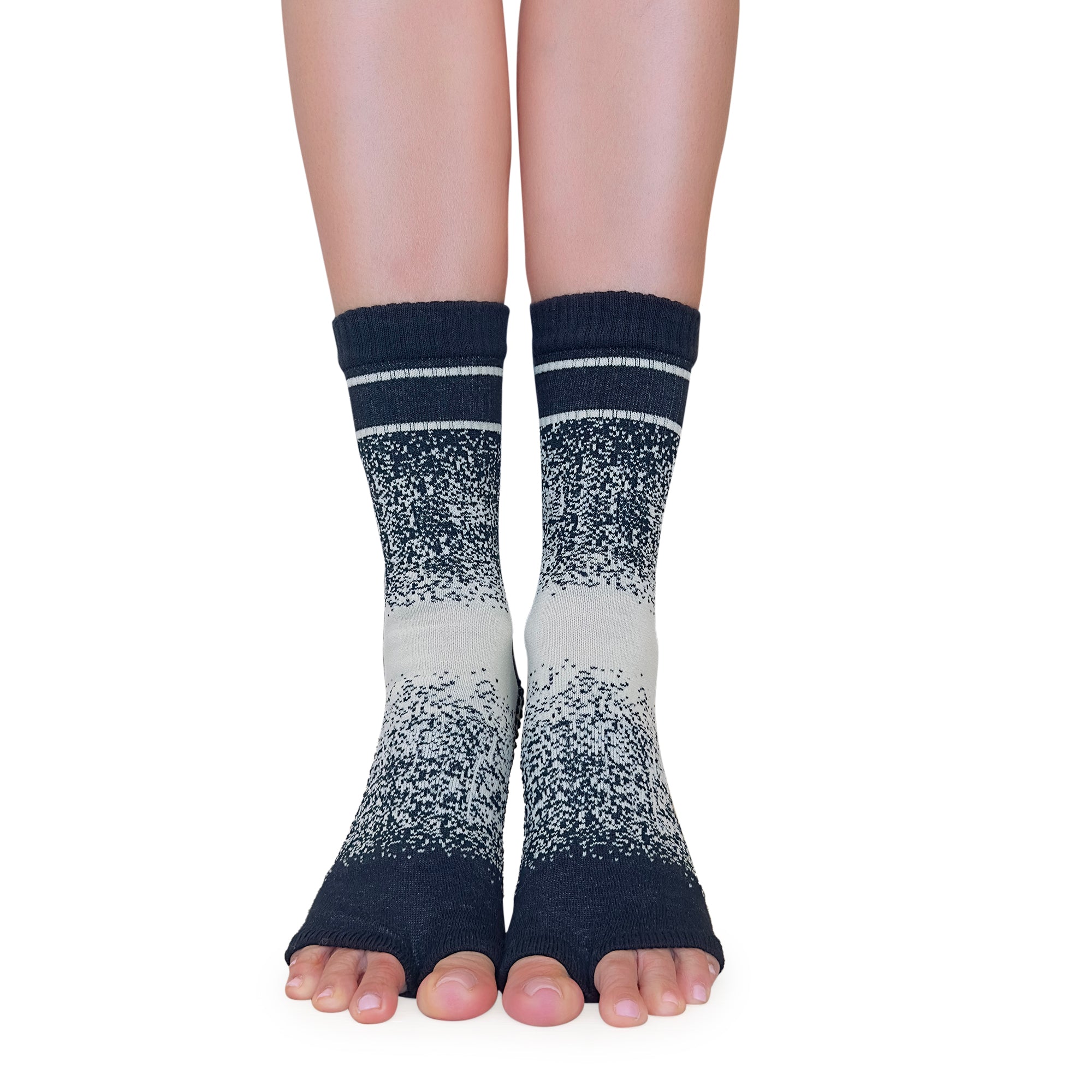 Tucketts Crew Toeless - Taupe Center Pilates Socks - Non-Slip Grip, Open Toe, Barre & Yoga