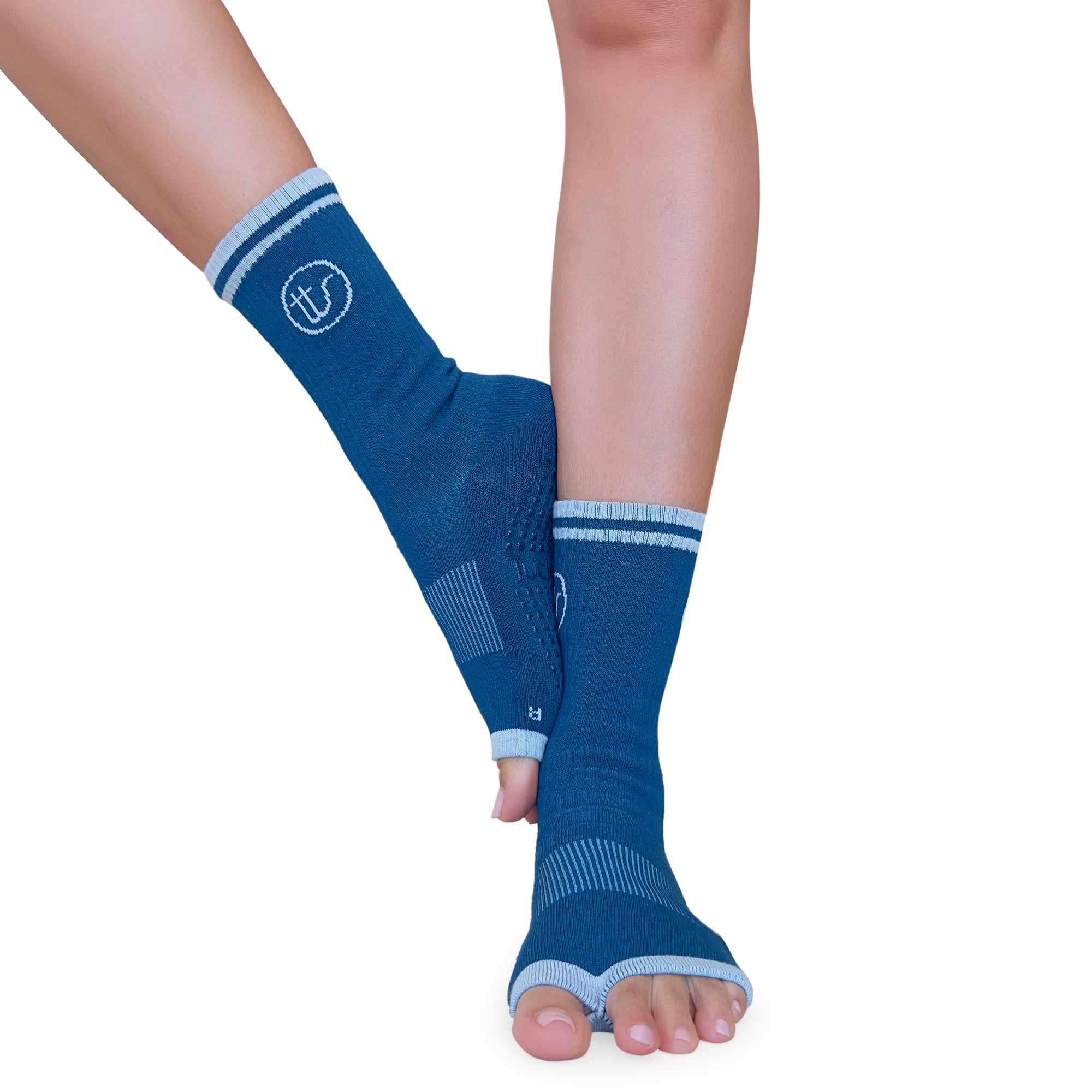 Tucketts Crew Toeless - Blue Riverstone Pilates Socks - Non-Slip Grip, Open Toe, Barre & Yoga