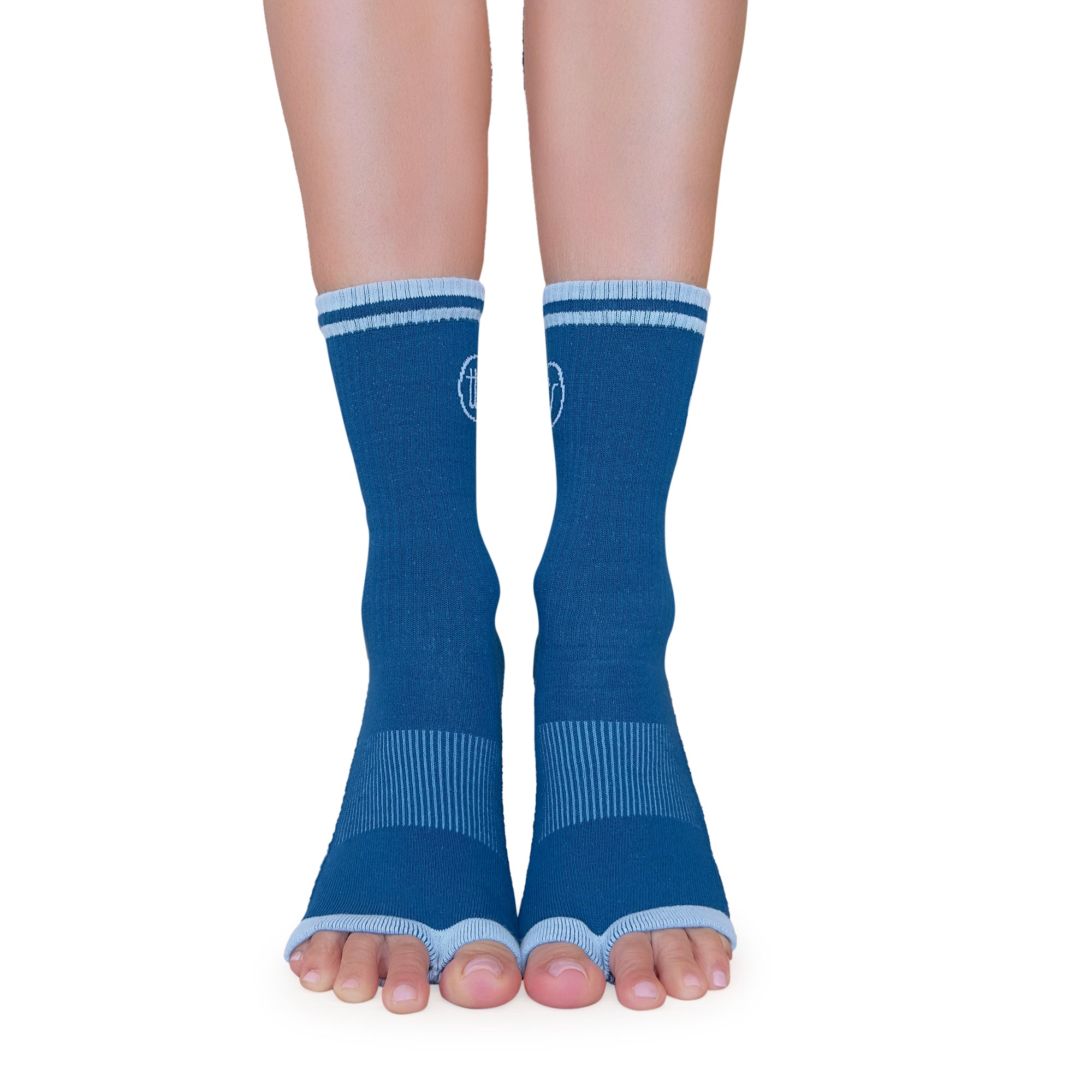 Tucketts Crew Toeless - Blue Riverstone Pilates Socks - Non-Slip Grip, Open Toe, Barre & Yoga