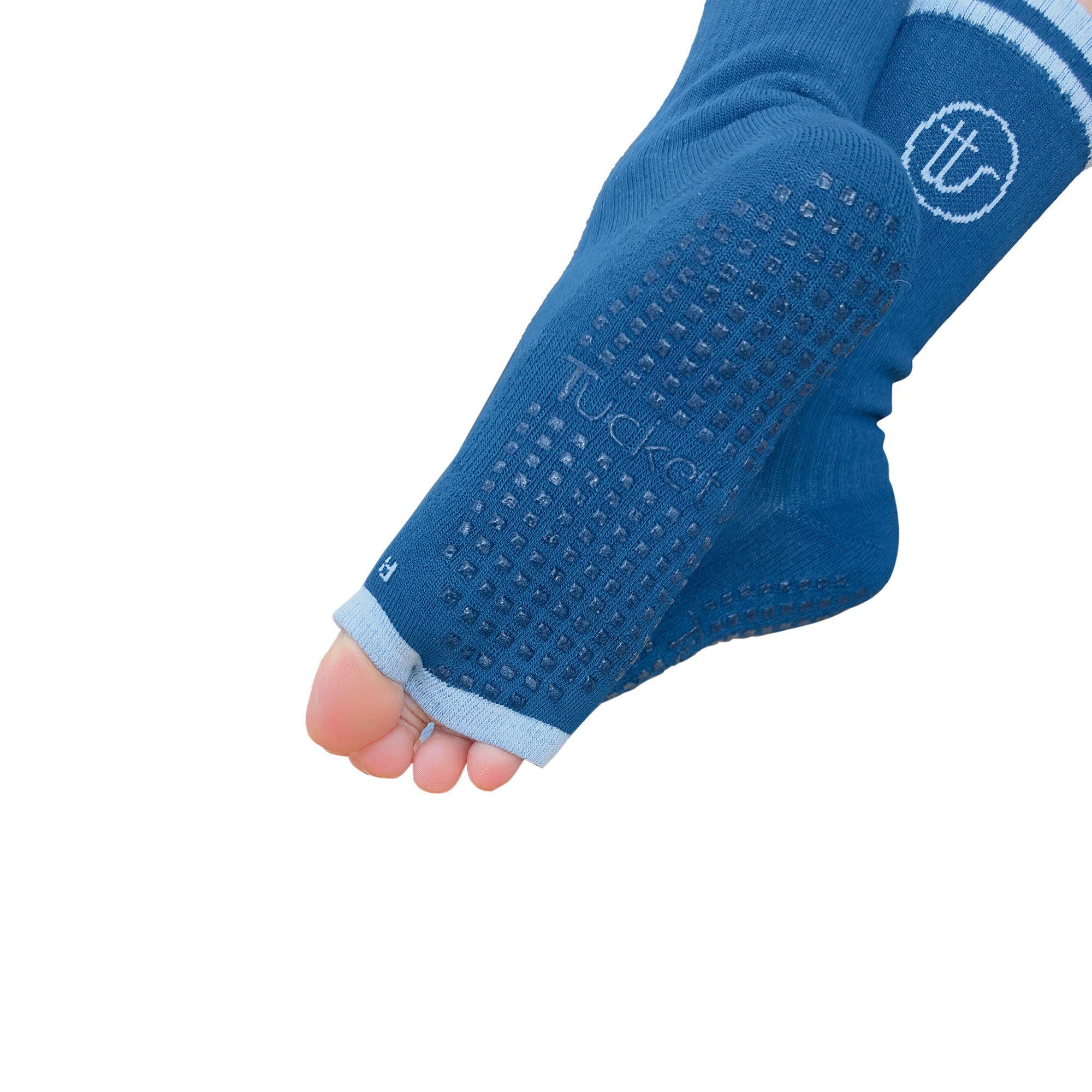 Tucketts Crew Toeless - Blue Riverstone Pilates Socks - Non-Slip Grip, Open Toe, Barre & Yoga