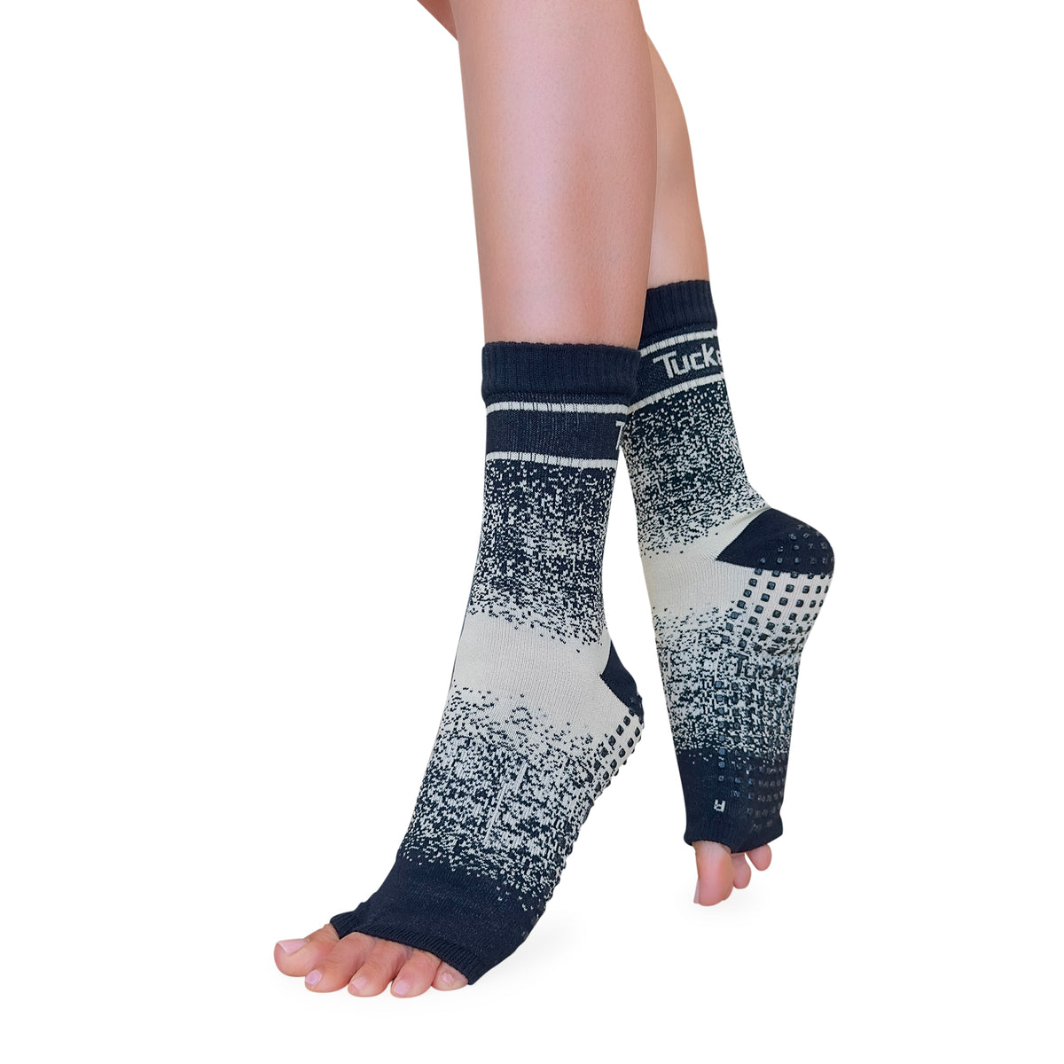 Tucketts Crew Toeless - Taupe Center Pilates Socks - Non-Slip Grip, Op