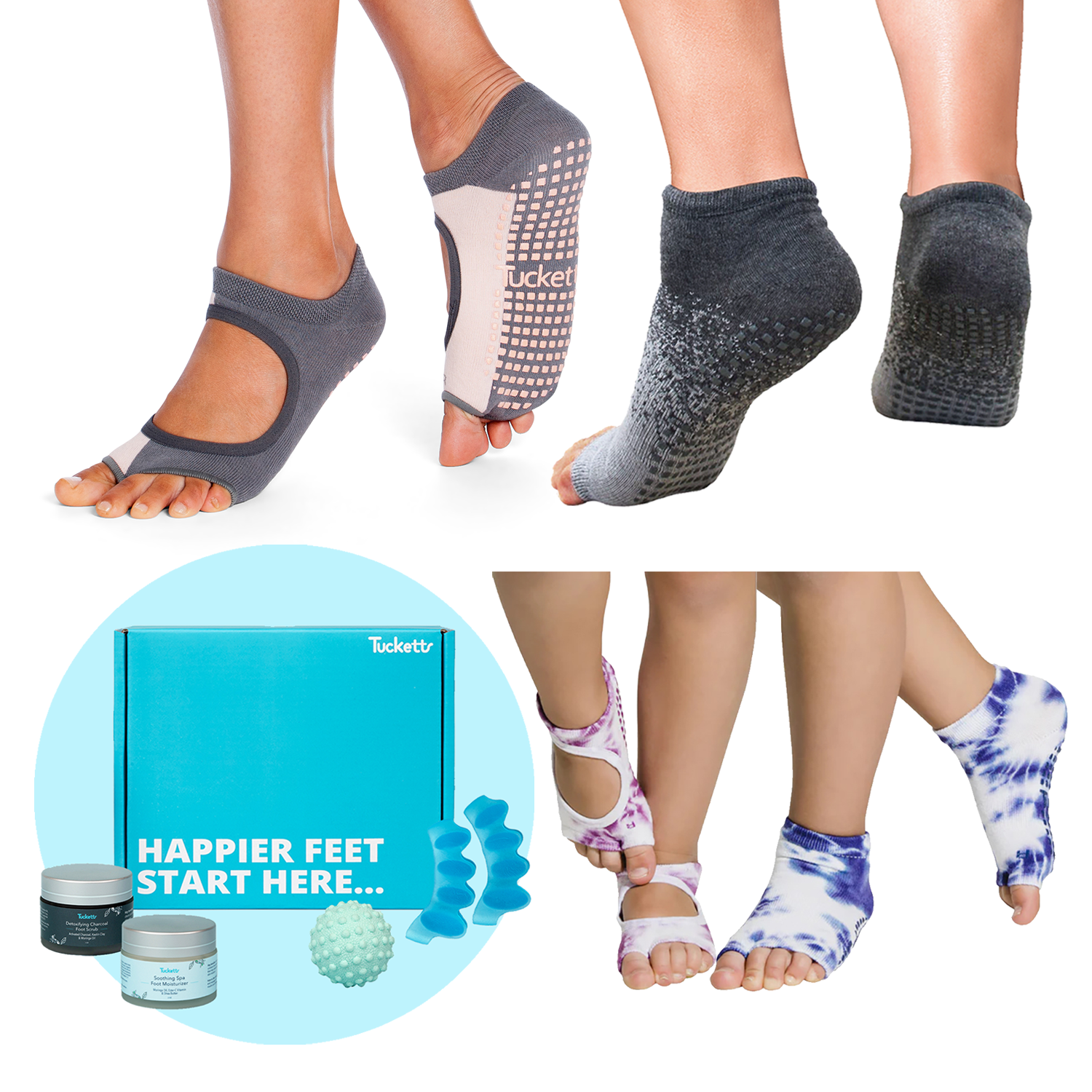 Family Gift Set Grip Socks + Foot Care Spa Kit: 1 Allegro Vertical  Block/Blush, 1 Anklet Glacial Moraine, 2-PACK Kids Tie-Dye (Blue/Plum), 1  Foot Spa Kit – Tucketts™