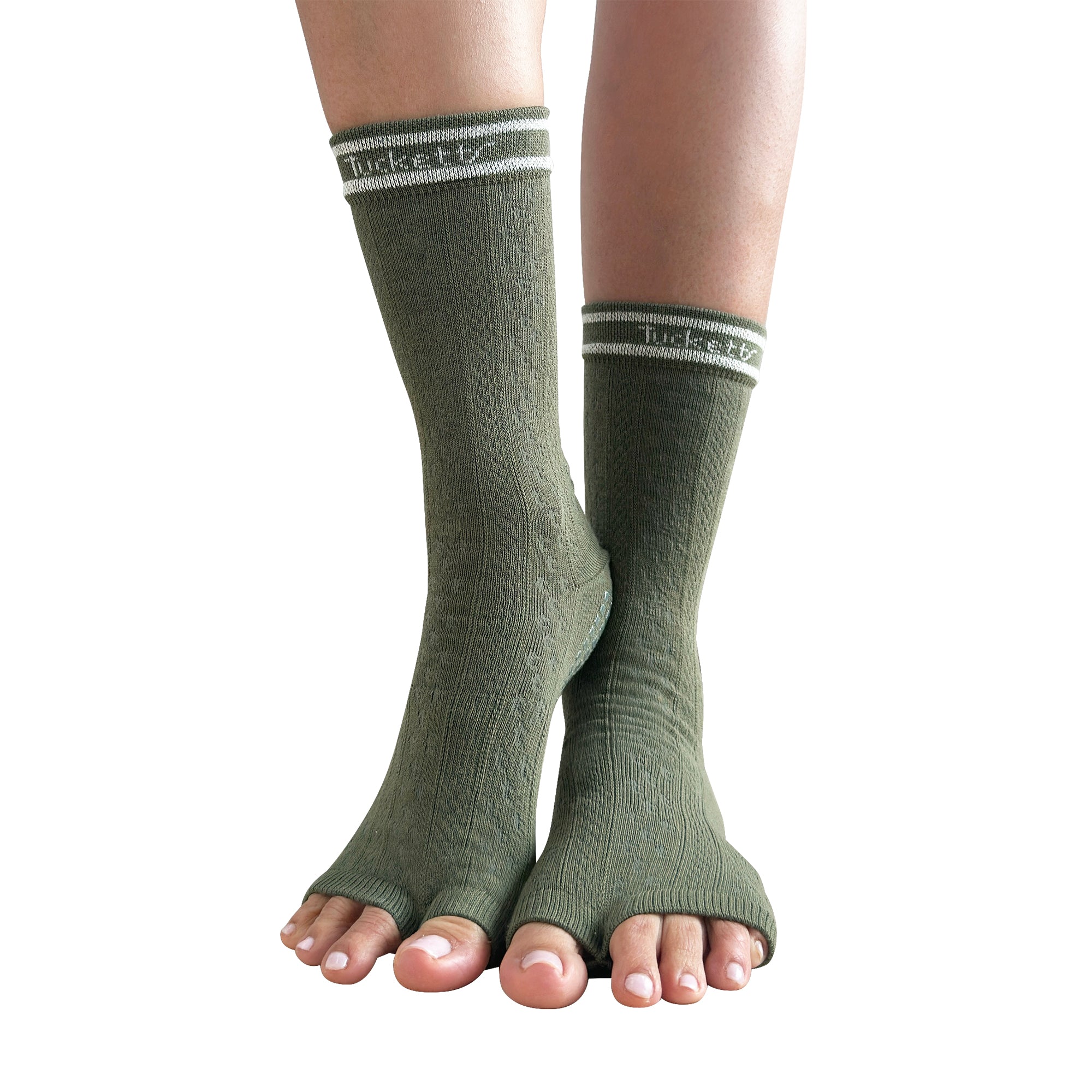 Tucketts Crew Toeless - Moss Canyon Pilates Socks - Non-Slip Grip, Open Toe, Barre & Yoga - Women's