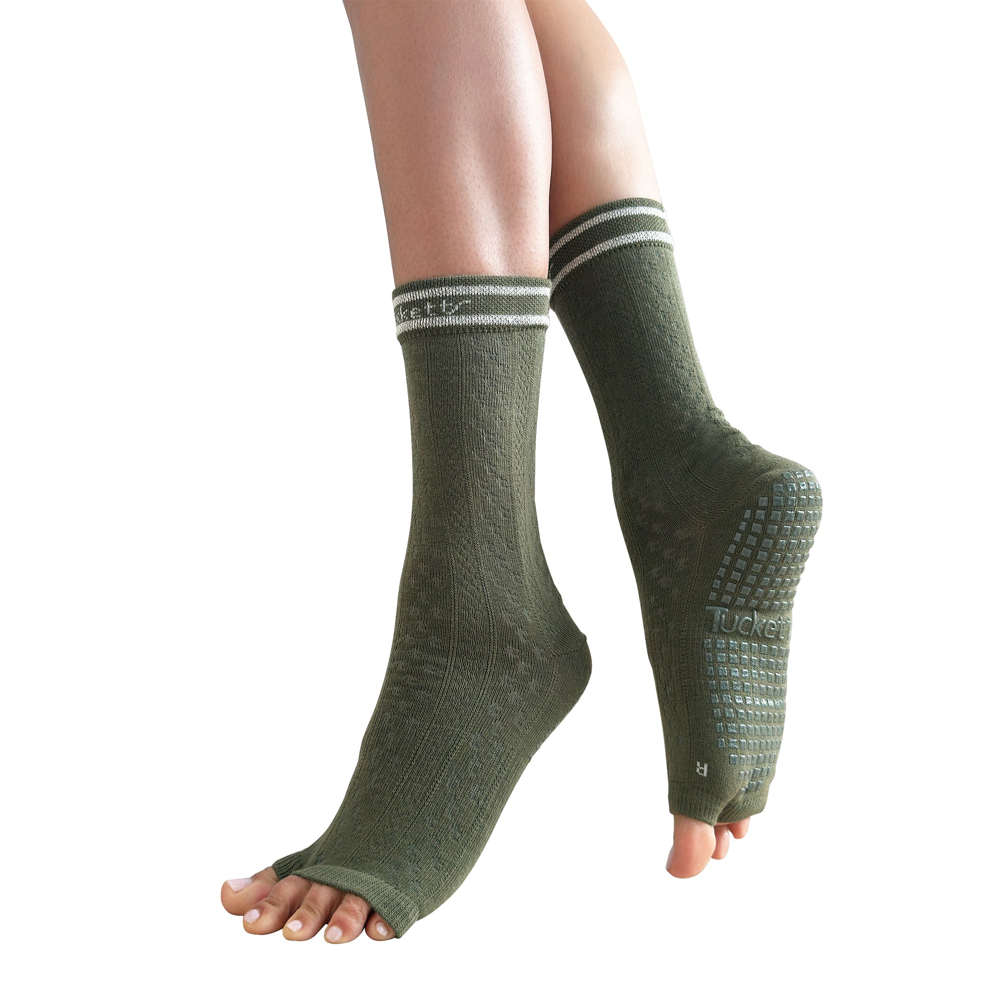 Tucketts Crew Toeless - Moss Canyon Pilates Socks - Non-Slip Grip, Open Toe, Barre & Yoga - Women's