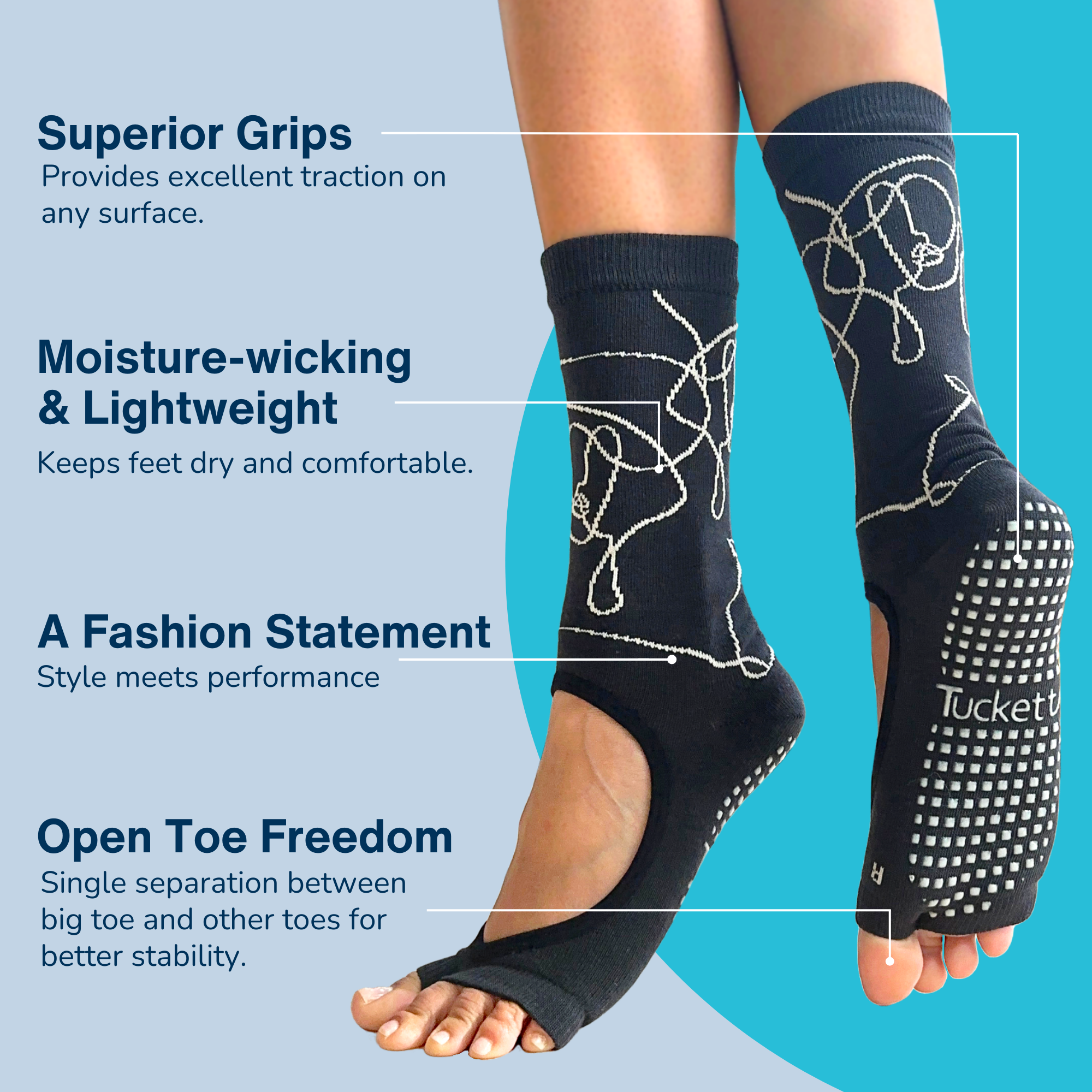 Tucketts Crew Allegro Pilates Socks - Non-Slip Grip, Open Toe, Barre & Yoga - Women's