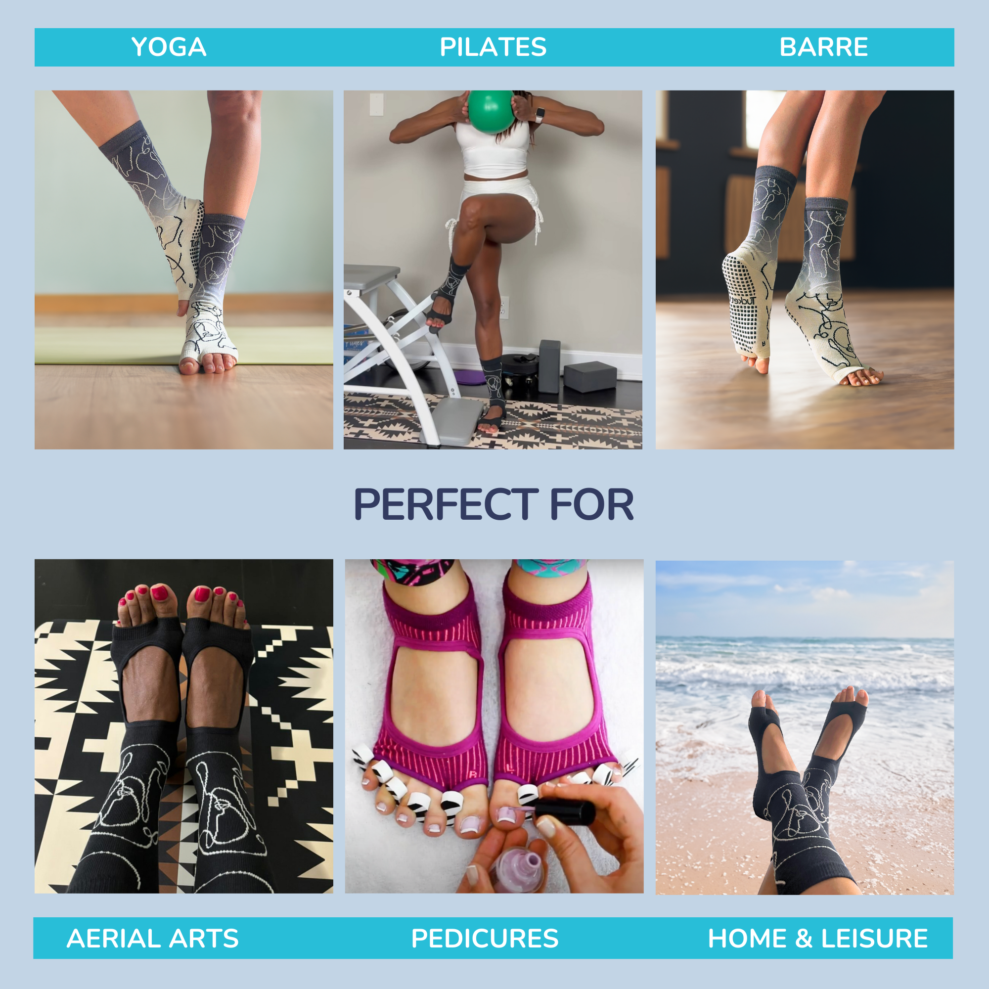 Tucketts Crew Allegro Pilates Socks - Non-Slip Grip, Open Toe, Barre & Yoga - Women's