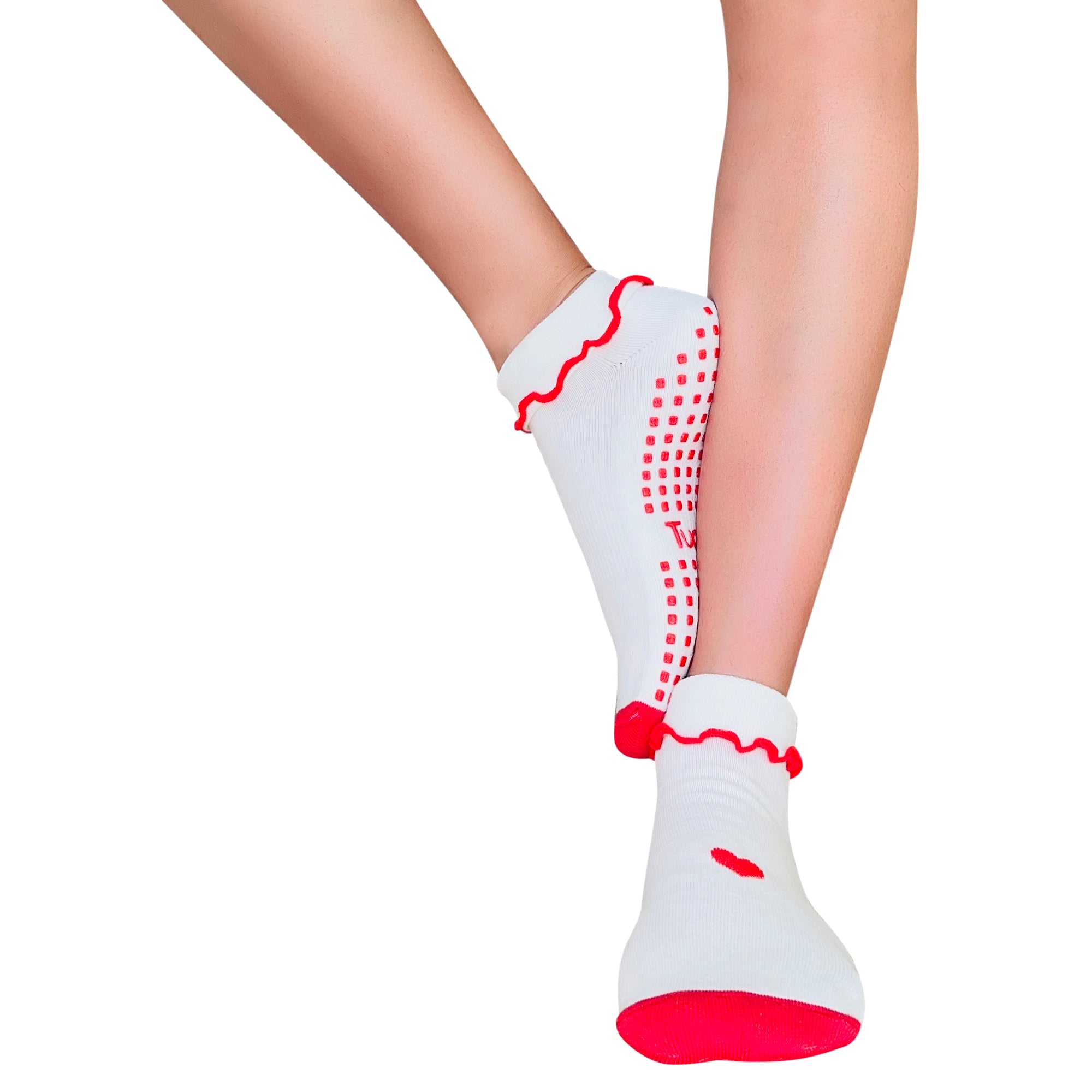 Tucketts Tab Closed  White + Red Heart Ruffle Pilates Socks - Non-Slip Grip, Closed Toe, Barre & Yoga - Women's