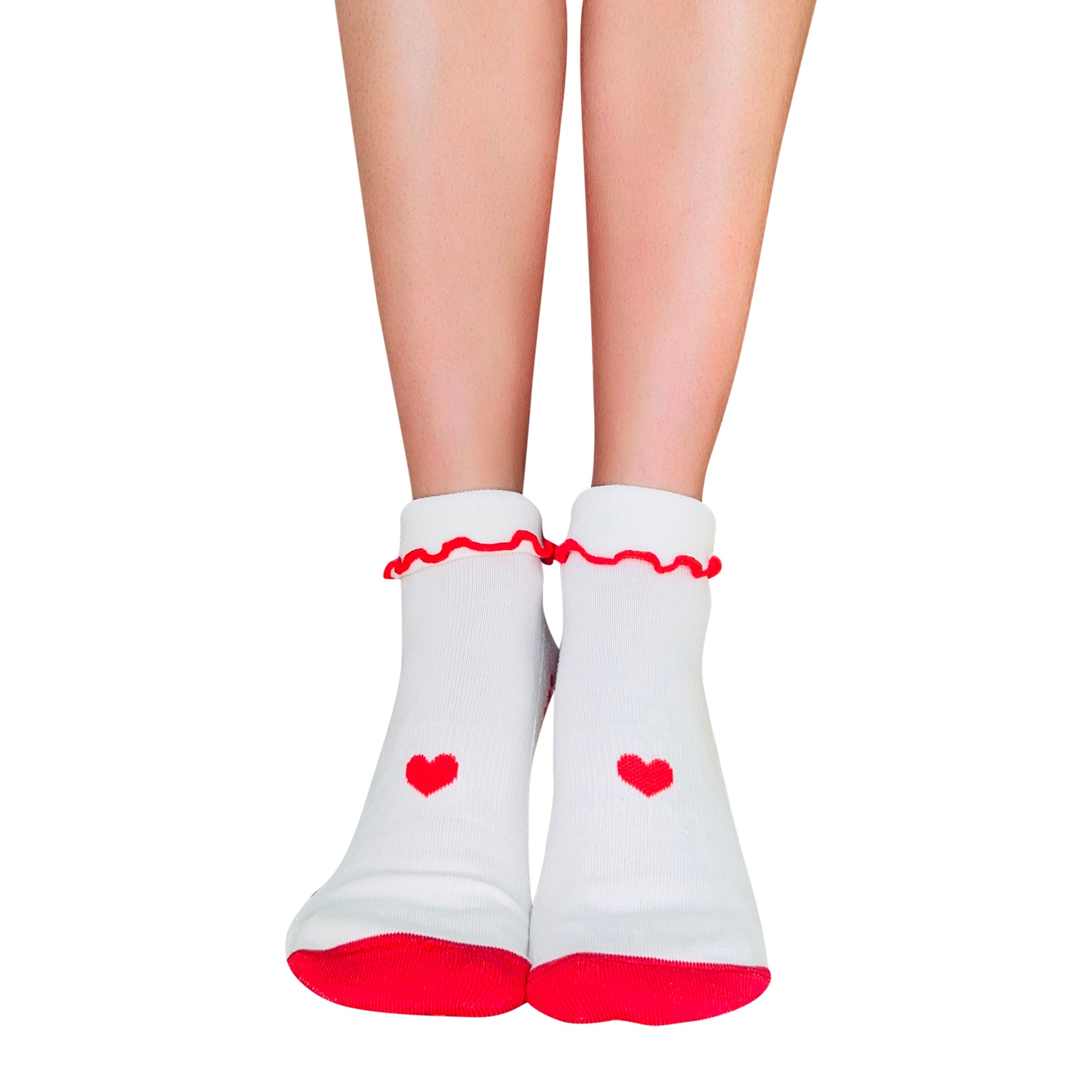 Tucketts Tab Closed  White + Red Heart Ruffle Pilates Socks - Non-Slip Grip, Closed Toe, Barre & Yoga - Women's