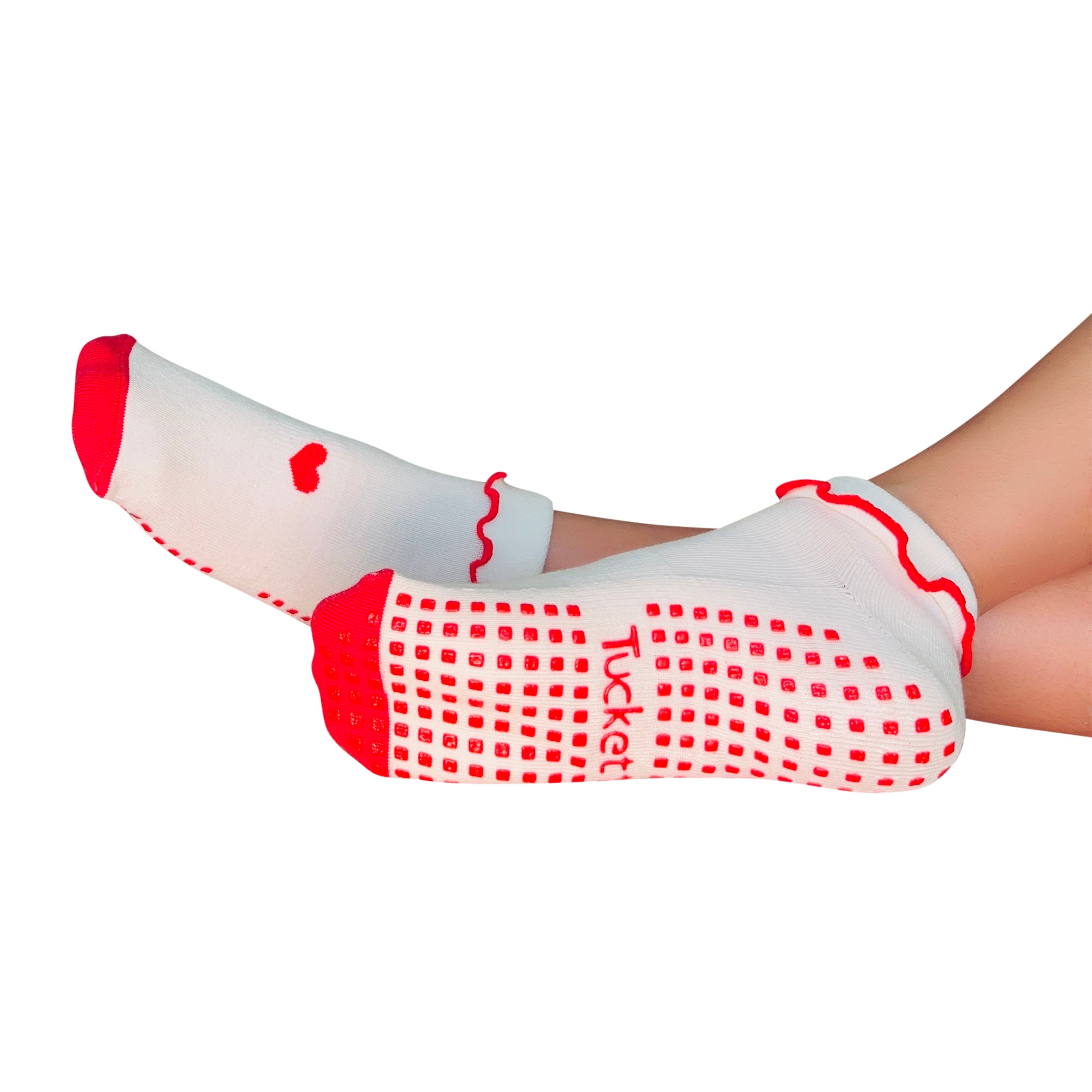Tucketts Tab Closed  White + Red Heart Ruffle Pilates Socks - Non-Slip Grip, Closed Toe, Barre & Yoga - Women's