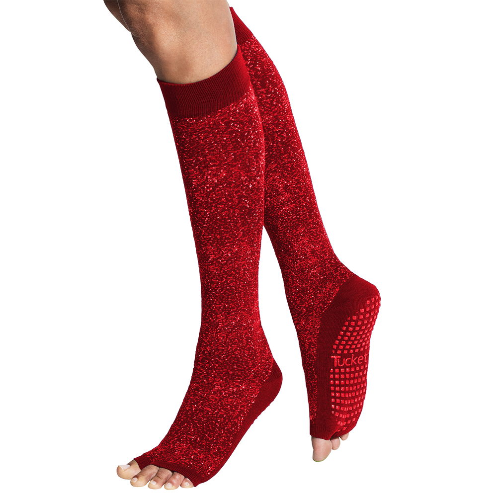 Tucketts Knee High Sparkling Rouge Pilates Socks - Non-Slip Grip, Open Toe, Barre & Yoga - Women's